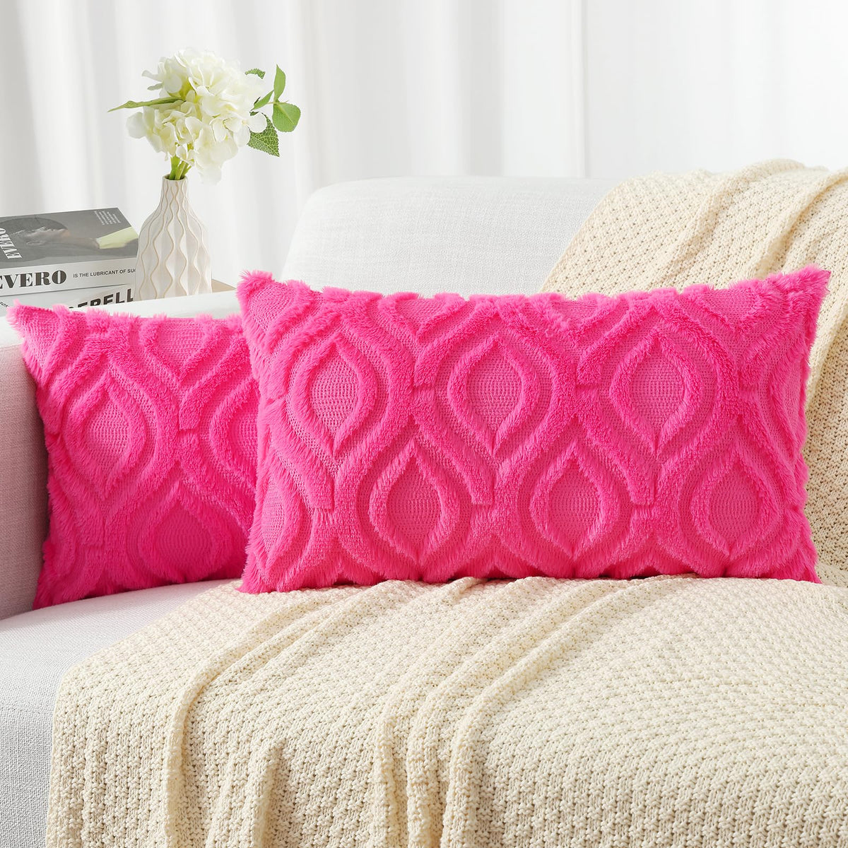 Decoruhome Decorative Throw Pillow Covers 12X20 Set Of 2, Soft Plush Faux Wool Lumbar Couch Pillow Covers For Home, Hot Pink