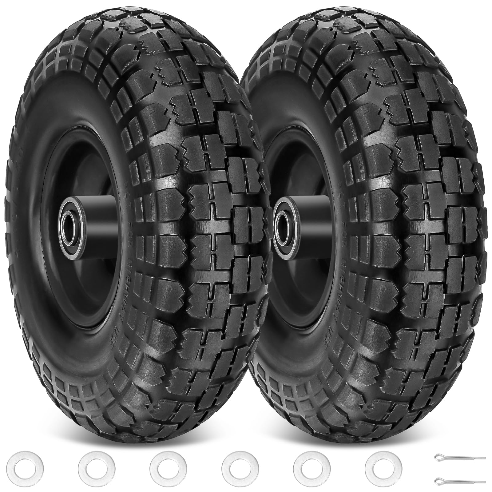 Ticonn 10' Solid Tires, 2 Pack Flat Free 4.10/3.50-4' Wheels With 5/8    Axle Bore Hole And Double Sealed Bearings (Black, 2Pk