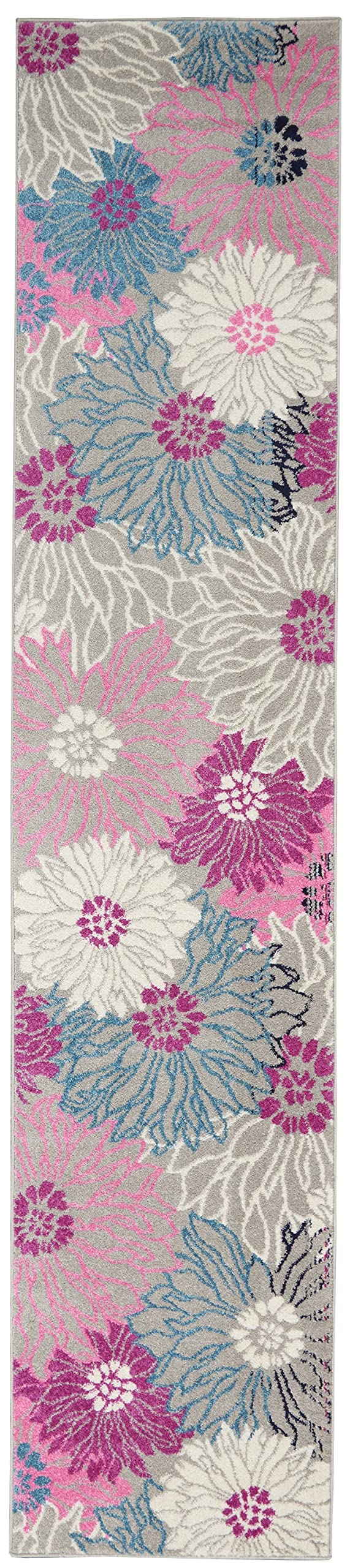 HomeRoots Grey 100% Polypropylene 2’ x 10’ Gray and Pink Tropical Flower Runner Rug