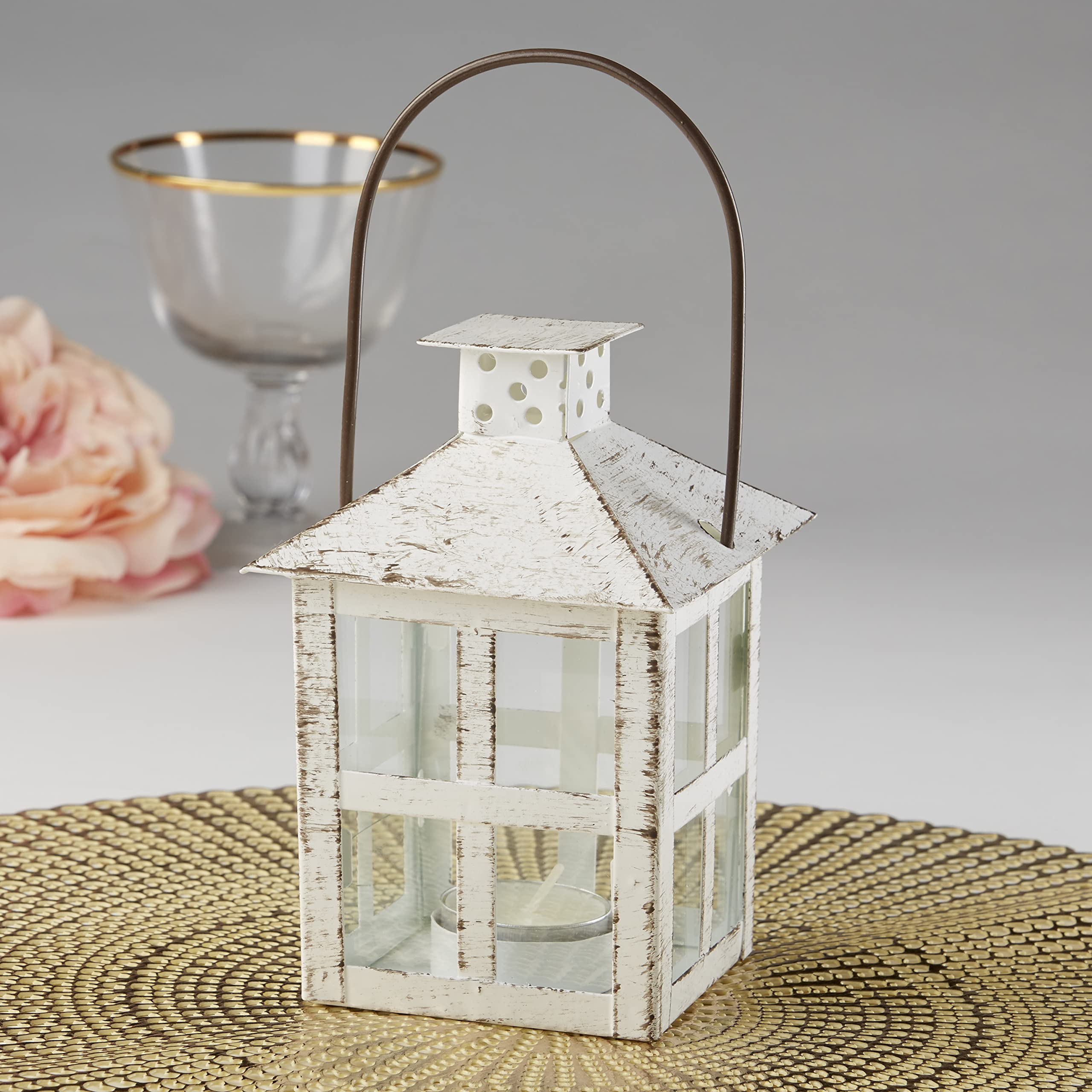 Kate Aspen White Vintage Distressed Rustic Candle Holder Decorative Lantern (6 Inch), Wedding Decoration, Centerpiece, Farmhouse