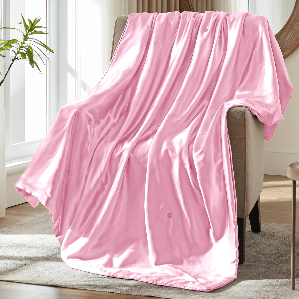 Milvowoc Blush Pink Satin Throw Blanket - 50 X 60 Inches, Cooling Packable Lightweight Satin Blanket, Soft & Cozy Silky Throw Bl