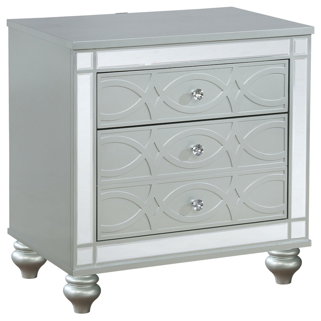Coaster Home Furnishings Gunnison Modern Classic Wood 2-Drawer Bedroom Nightstand Bedside Table Organizer Unit with USB Charging Outlet Silver Metallic 223212