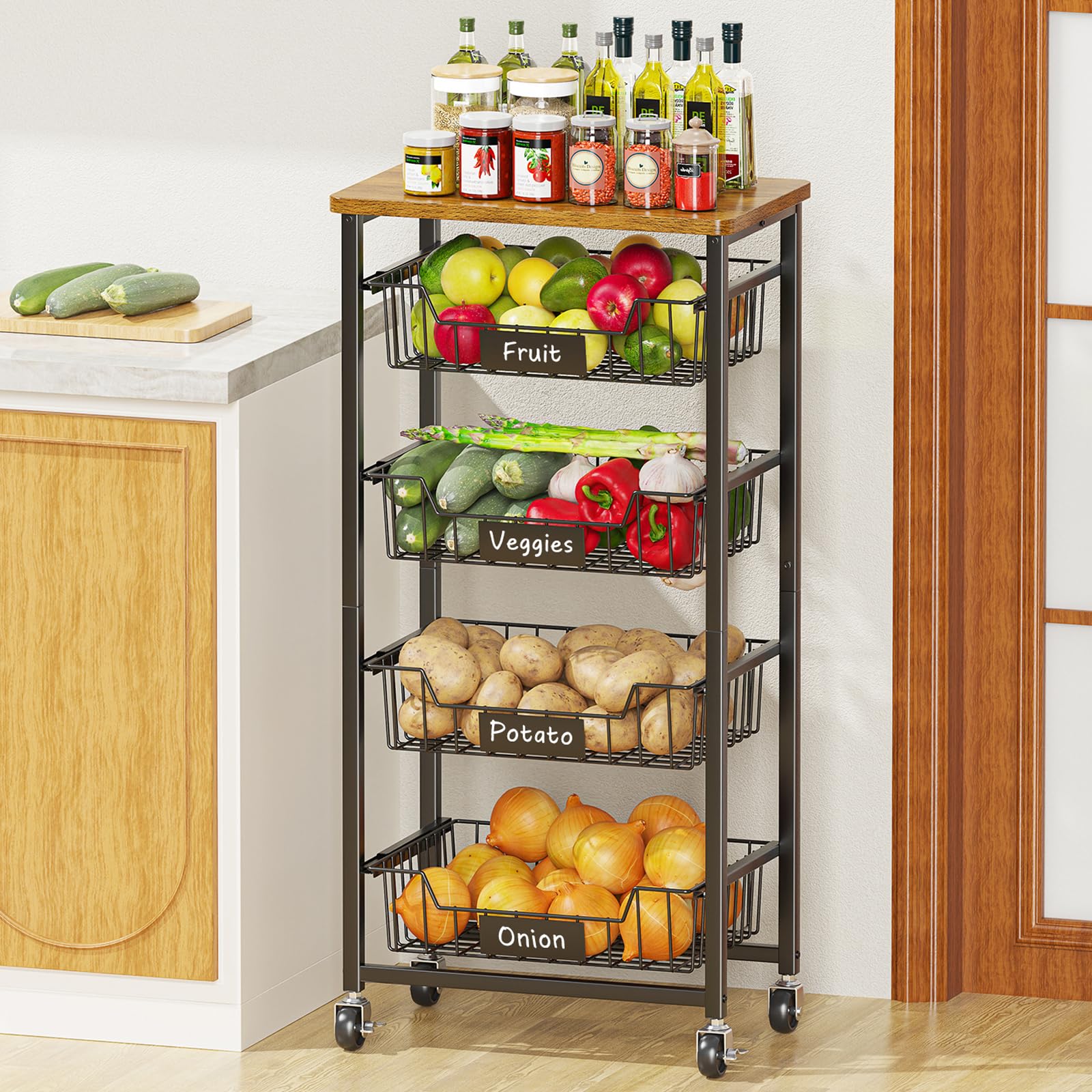 Xyzlvsi Kitchen Storage Cart With Wheels, 5-Tier Metal Utility Rolling Cart Fruit Vegetable Storage Basket Pantry Rack With Wood