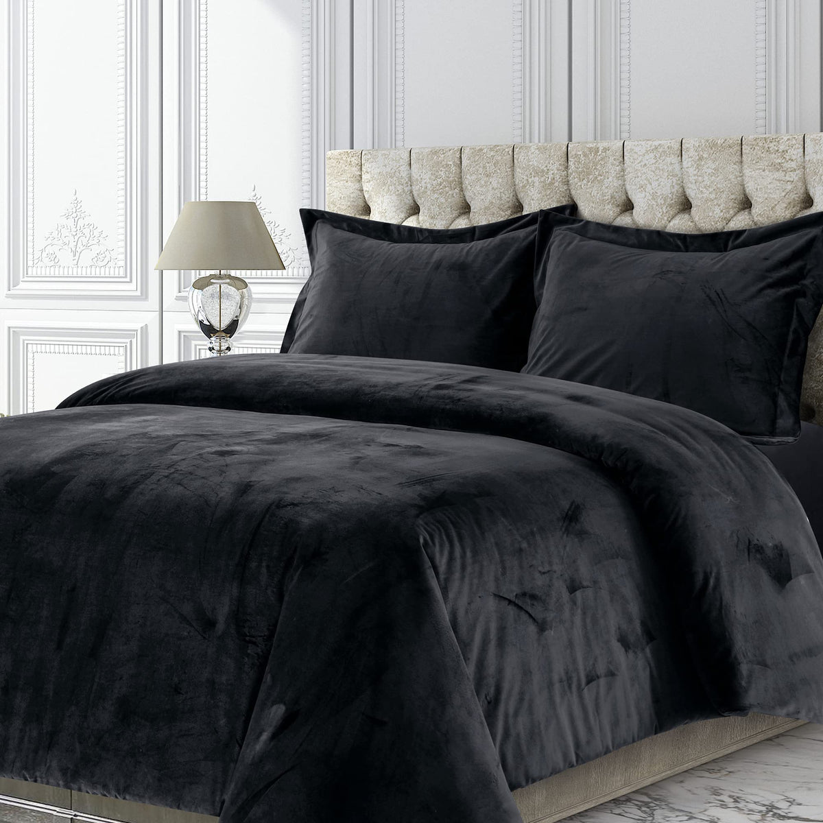 Tribeca Living Veniceduvet Venice Velvet Oversized Solid Duvet Set, Queen, Black