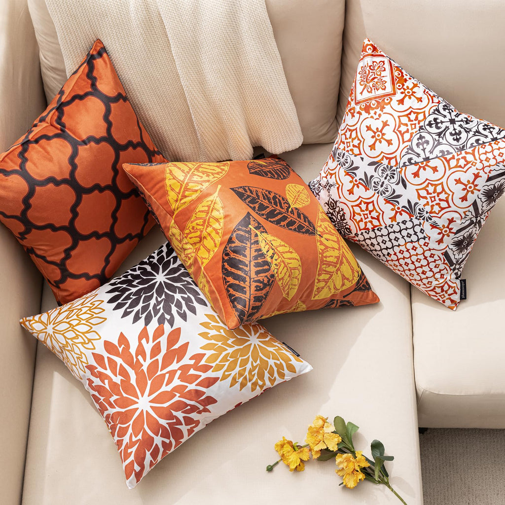 Phantoscope Set Of 4 New Living Series Halloween Leaf Geometric Throw Decorative Fall Velvet Pillow Cover Cushion Cover, Orange