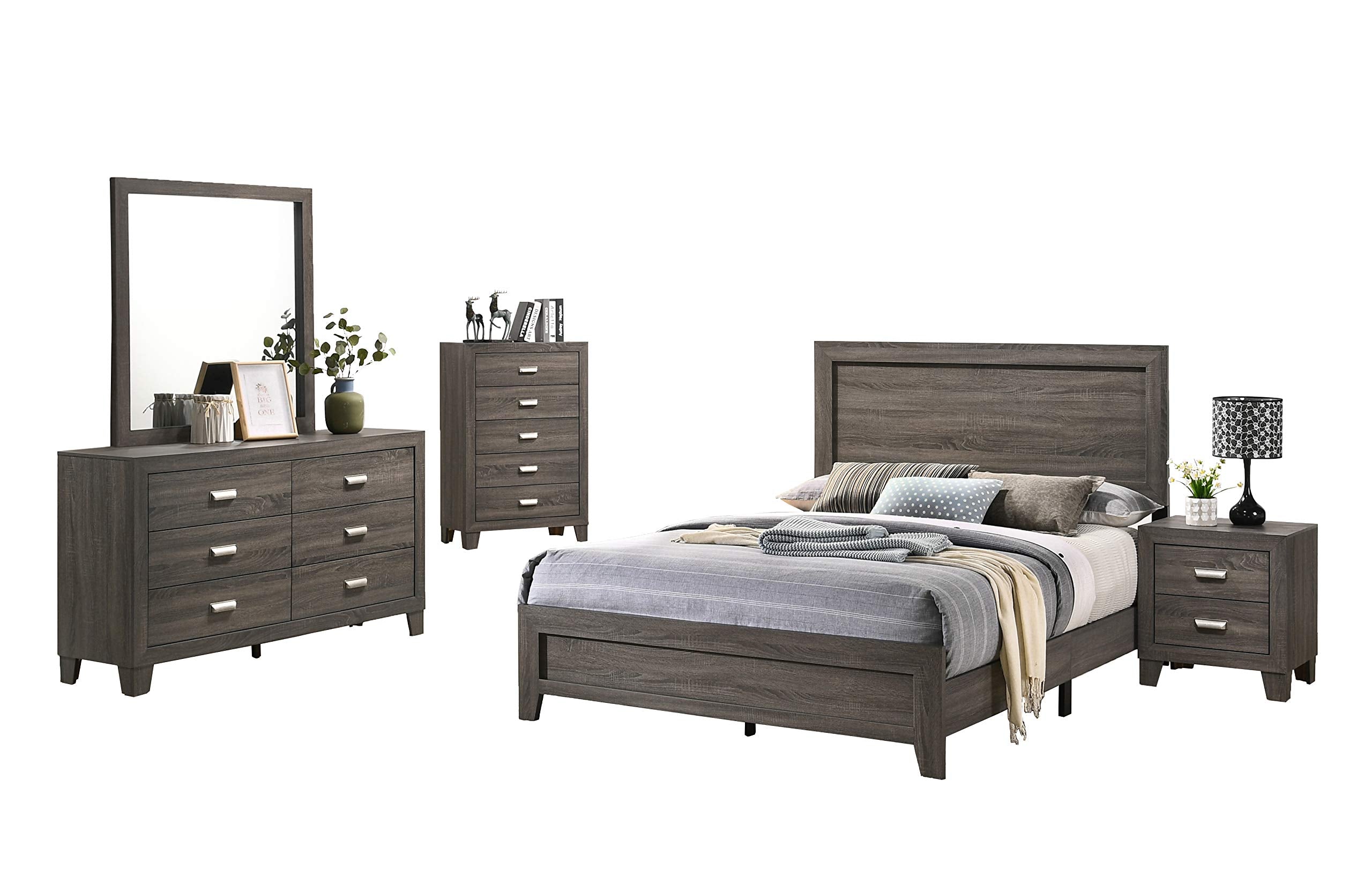 Best Quality Furniture 5Pc Twin Bed + Dresser + Mirror + Nightstand + Chest, Gray