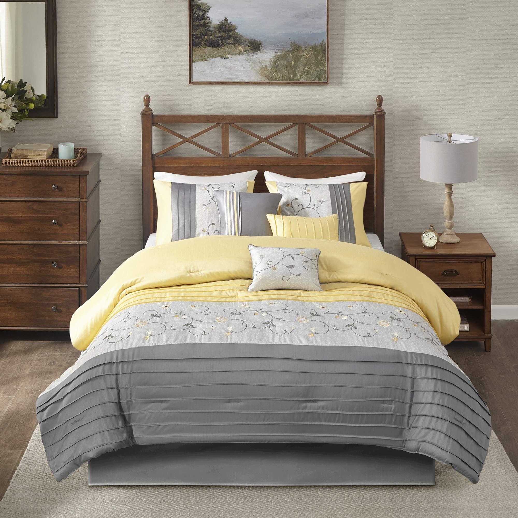 Madison Park Serene Faux Silk Comforter Set - Floral Embroidery Design, All Season Bedding Set, Matching Bed Skirt, Decorative Pillows, Yellow Cal King(104'X92') 7 Piece