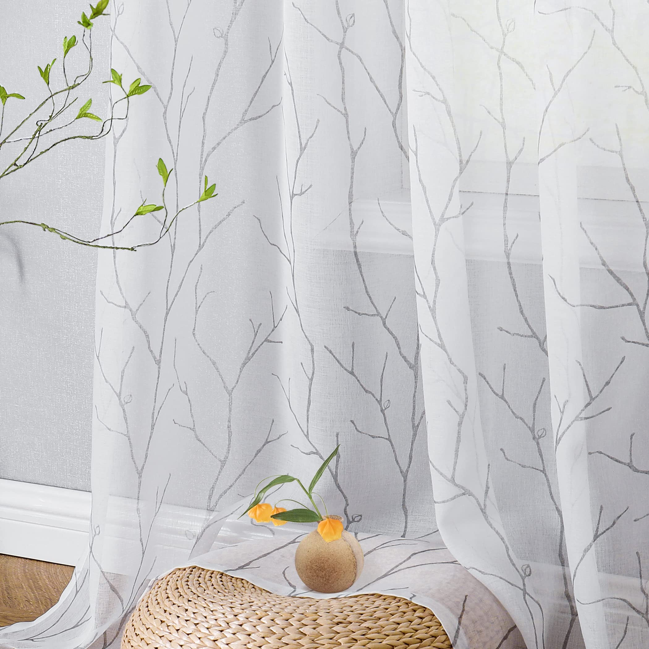 Buhua White Sheer Curtains 108 Inch Long - Silver Foil Tree Branch Curtain 2 Panels, Semi-Sheer Window Curtains For Living Room,