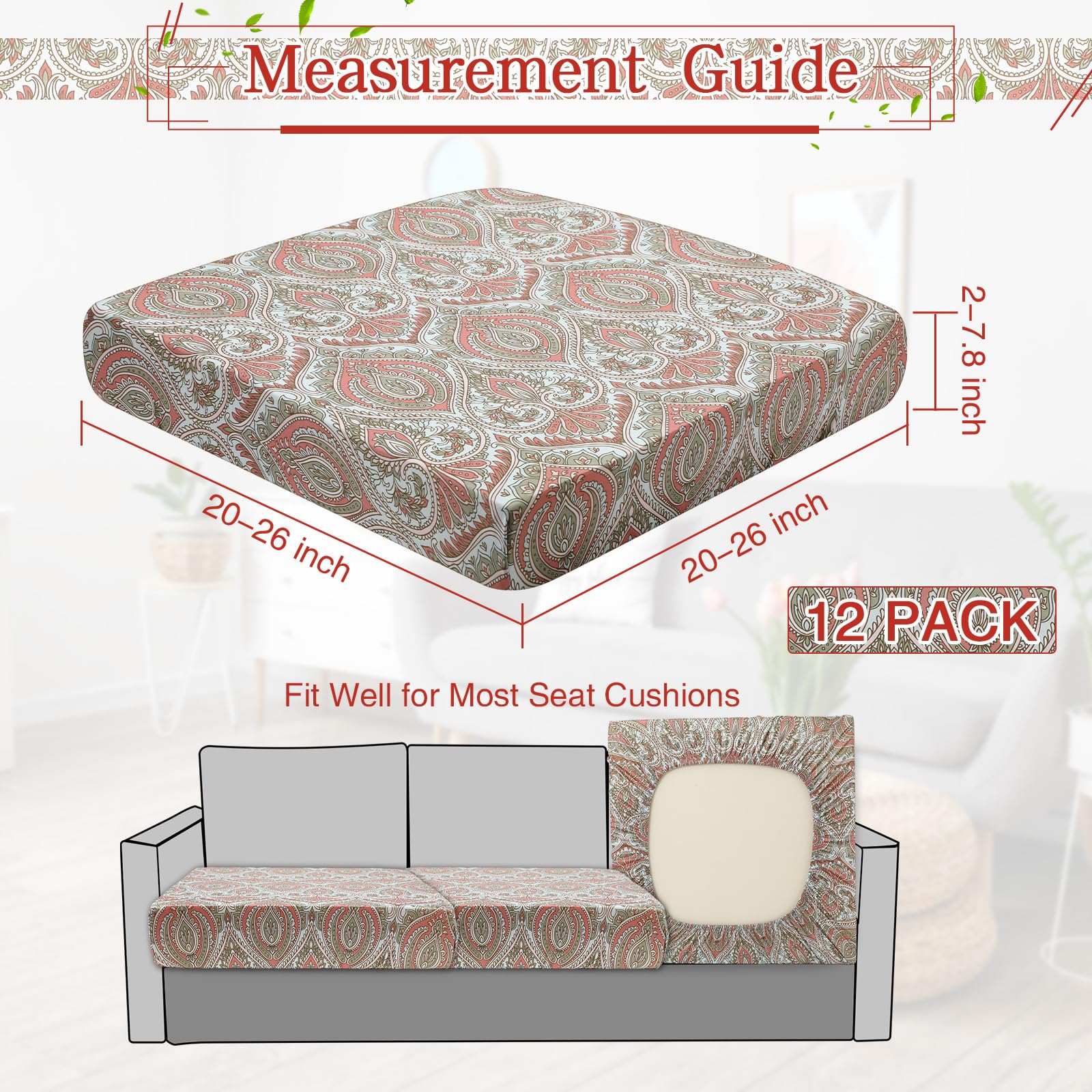 Newwiee 12 Pcs Patio Stretch Sofa Cushion Covers Outdoor Cushion Cover Replacement Couch Slipcover Sofa Seat Cover Flexibility Chair Cushion Cover Porch Patio Furniture Protector (Red,Paisley Print)