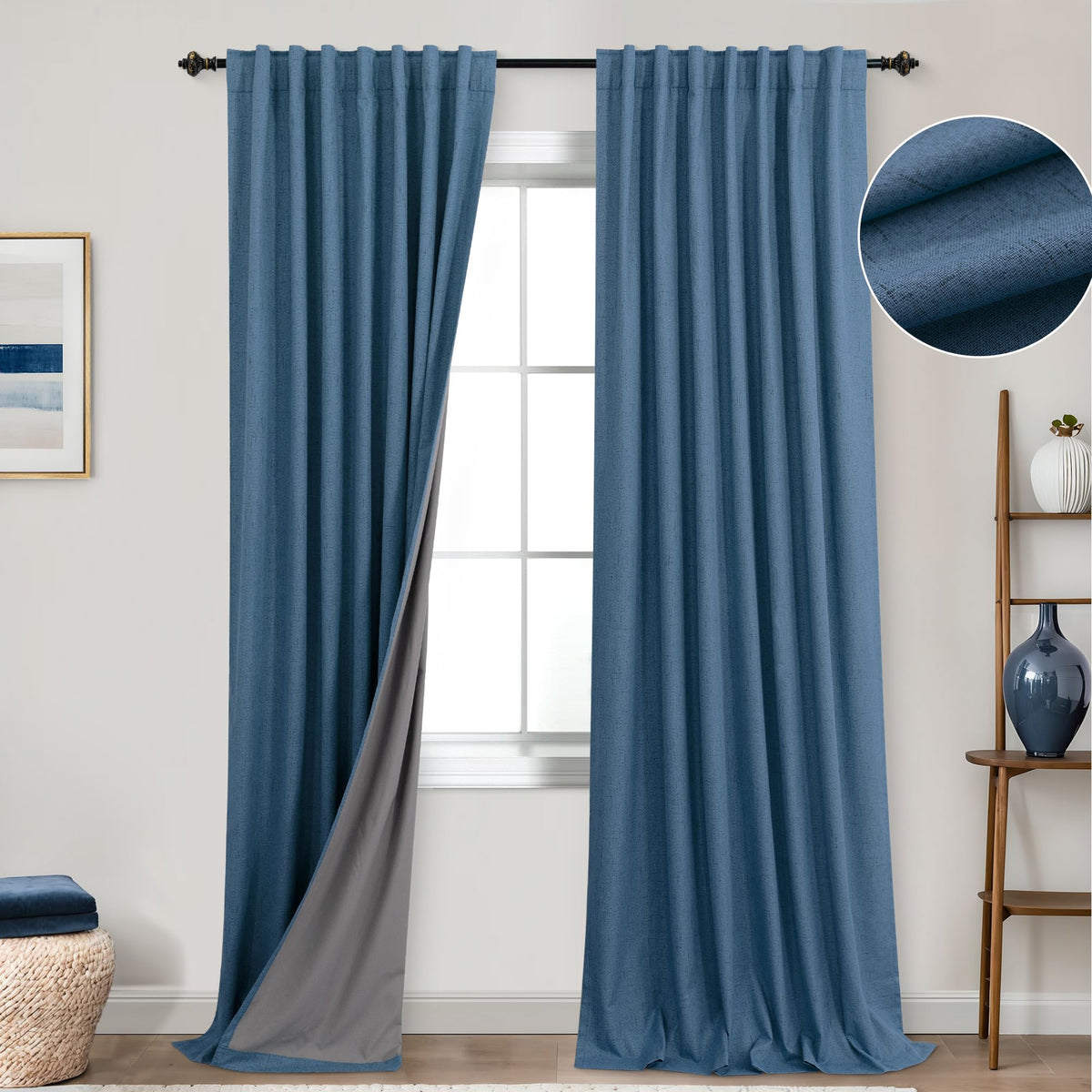 Koufall Denim Blue Back Tab Linen Blackout Curtains For Living Room 52X108 Inch Length