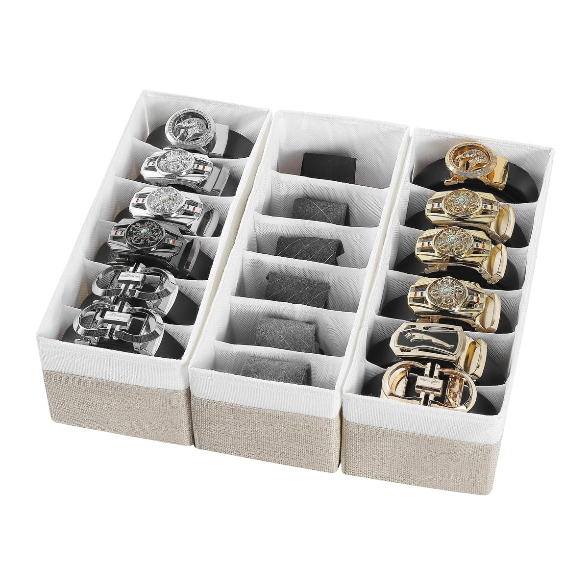 Coorganisers 3 Packs Fabric Belt Organizer, 6 Grids Belt Organizer for Closet and Drawer, Foldable Dresser Drawer Organizers,Tie