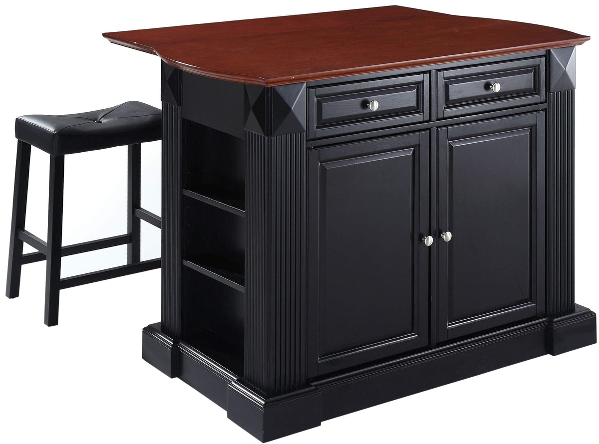 Crosley Furniture Drop Leaf Kitchen Island/Breakfast Bar With 24-Inch Upholstered Saddle Stools, Black