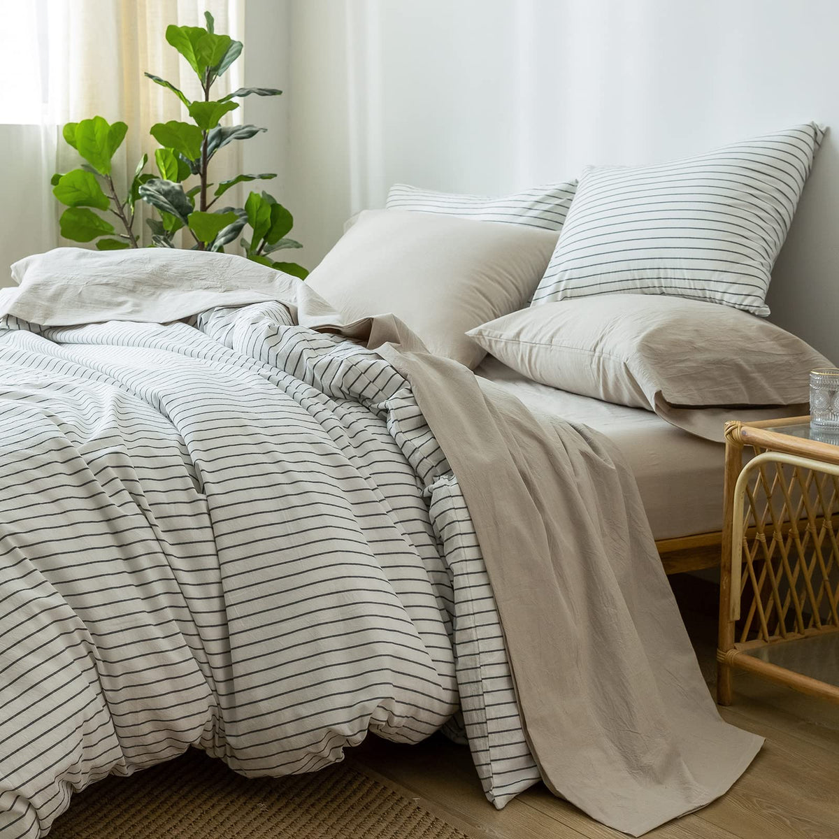 Moomee Bedding Sheet Set 100% Washed Cotton Linen Like Textured Breathable Durable Soft Comfy (Cream Grey, Full)