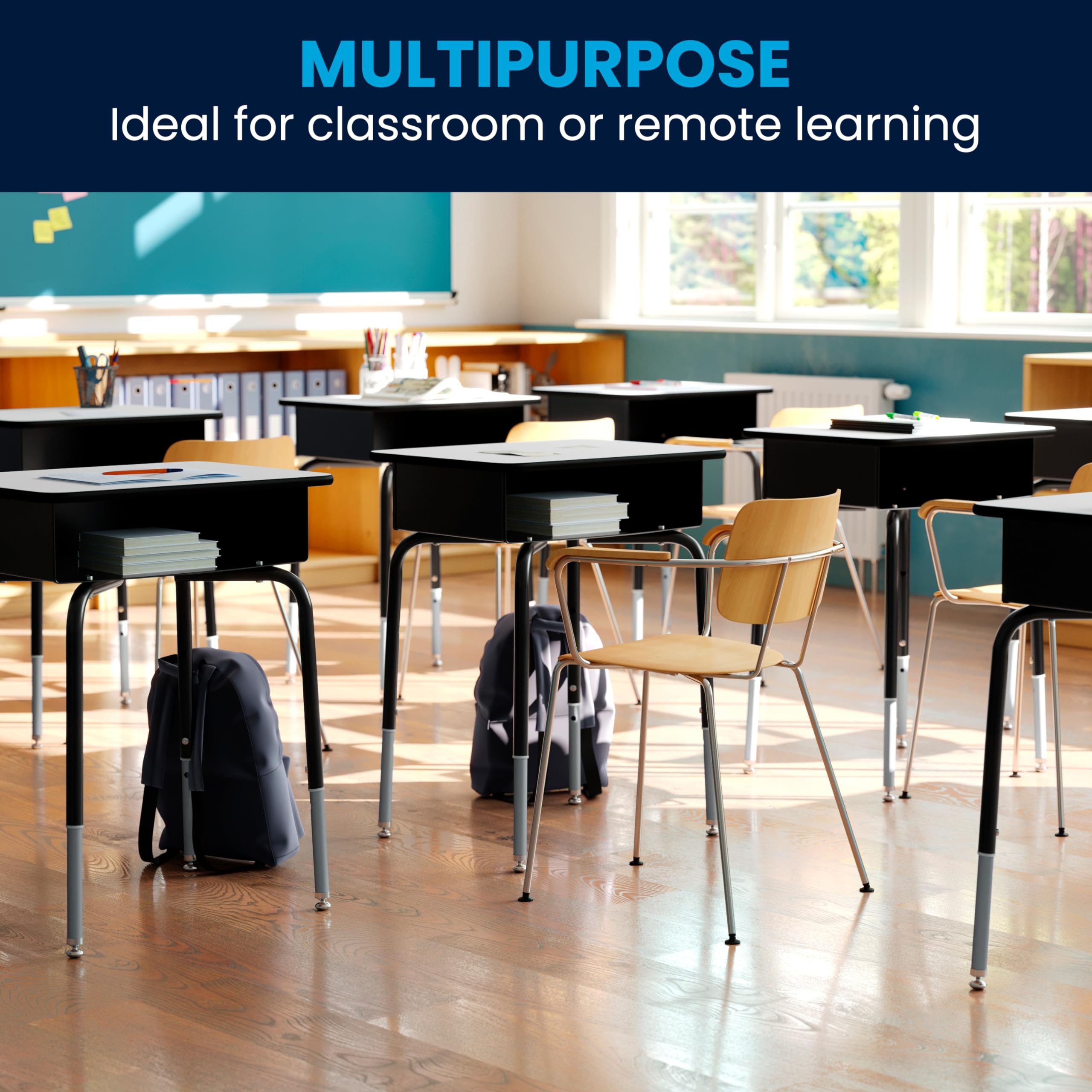 Flash Furniture Billie Open Front Student Desk for Classrooms or Remote Learning, Height Adjustable School Desk with Metal Book Box, Gray/Black