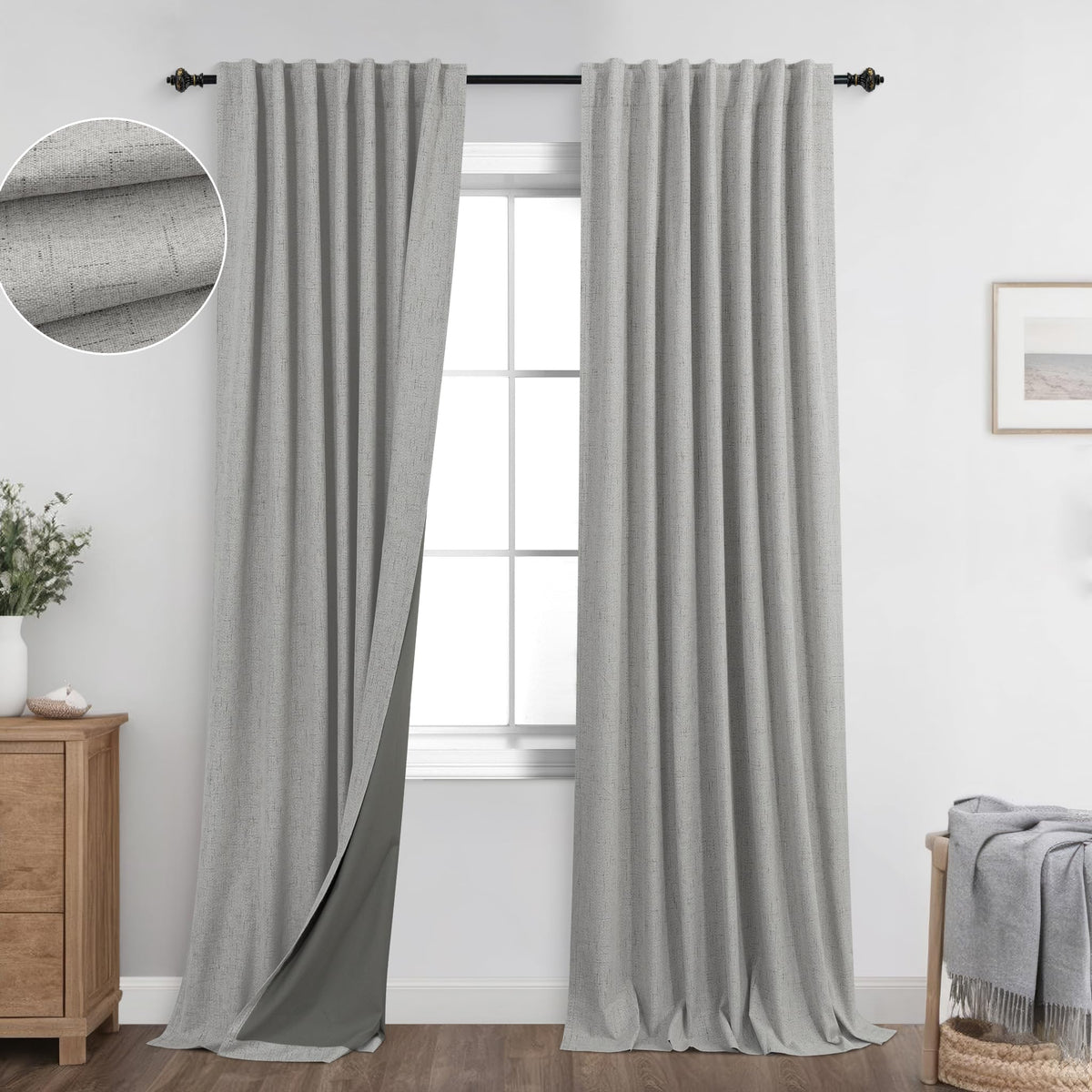 Koufall Light Grey Blackout 84 Inch Curtains 2 Panel Set,Linen Textured Dove Gray Darkening Black Out Back Tab Pleated Window Cu