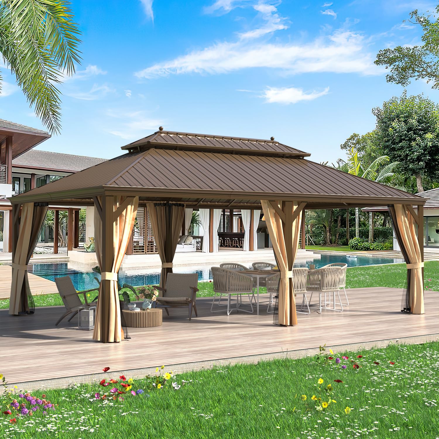 Yoleny 14'X22' Gazebo, Hardtop Gazebo With Galvanized Steel Double Roof, Pergolas Aluminum Frame, Netting And Curtains Included,