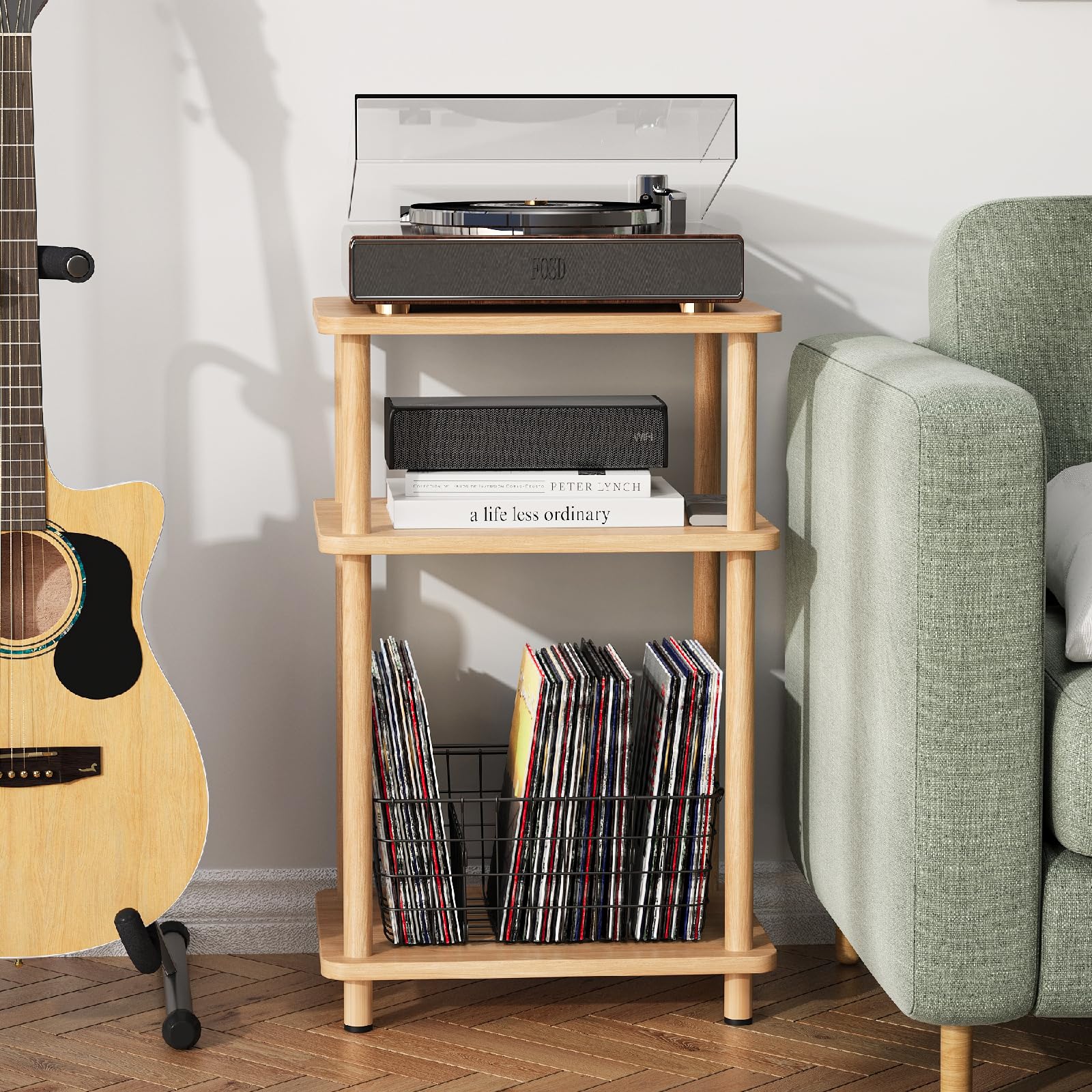 Apicizon 3 Tier End Table, Record Player Stand With Storage Shelf, Wooden Vinyl Record, Nightstand Bedside Table For Small Spaces, Bedroom, Living Room, Easy Assembly, Natural