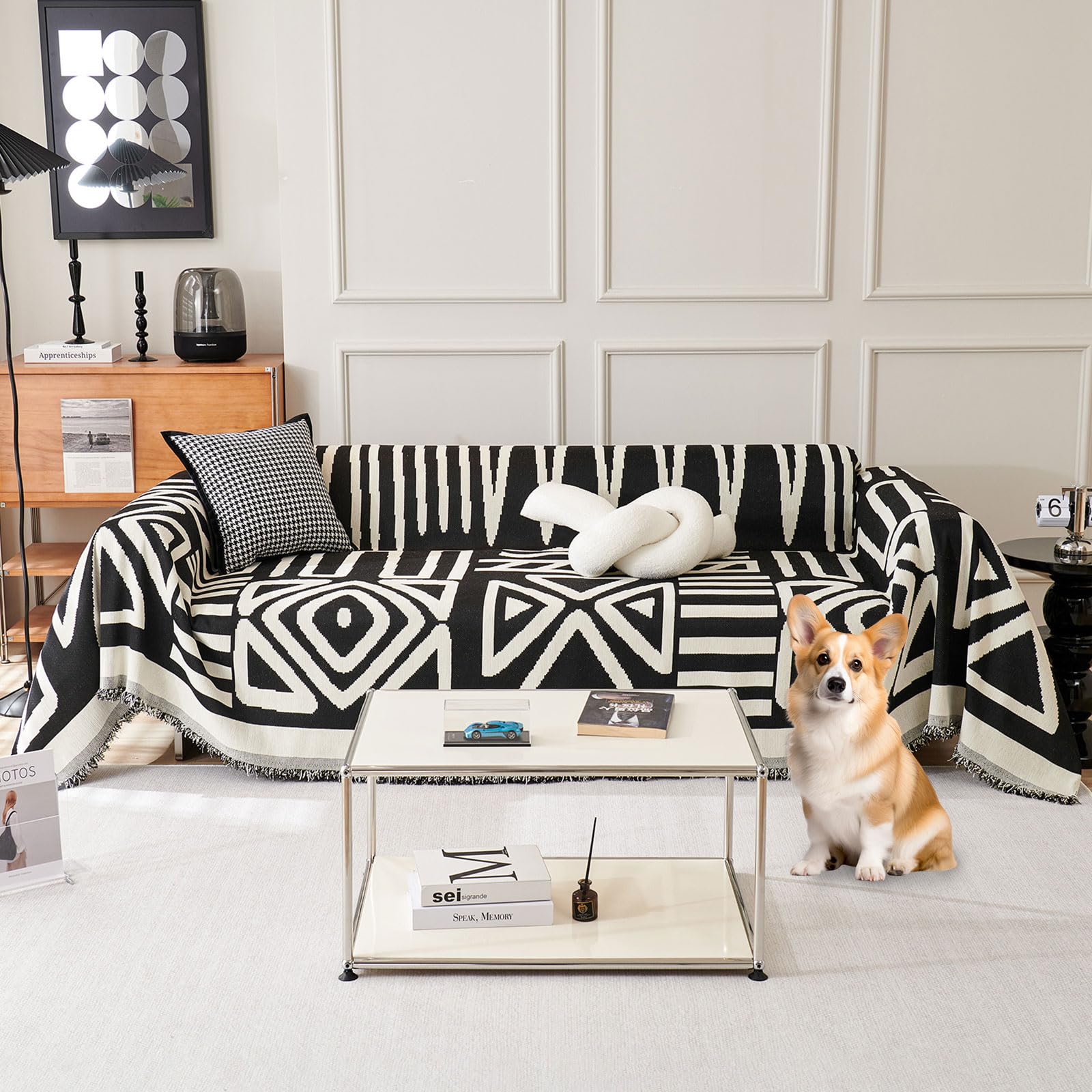 Roomlife Black Boho Couch Cover For 3 Cushion Couch L Shape Sofa Covers For Sectional Sofa Reversible Silpcover For Dogs Washabl