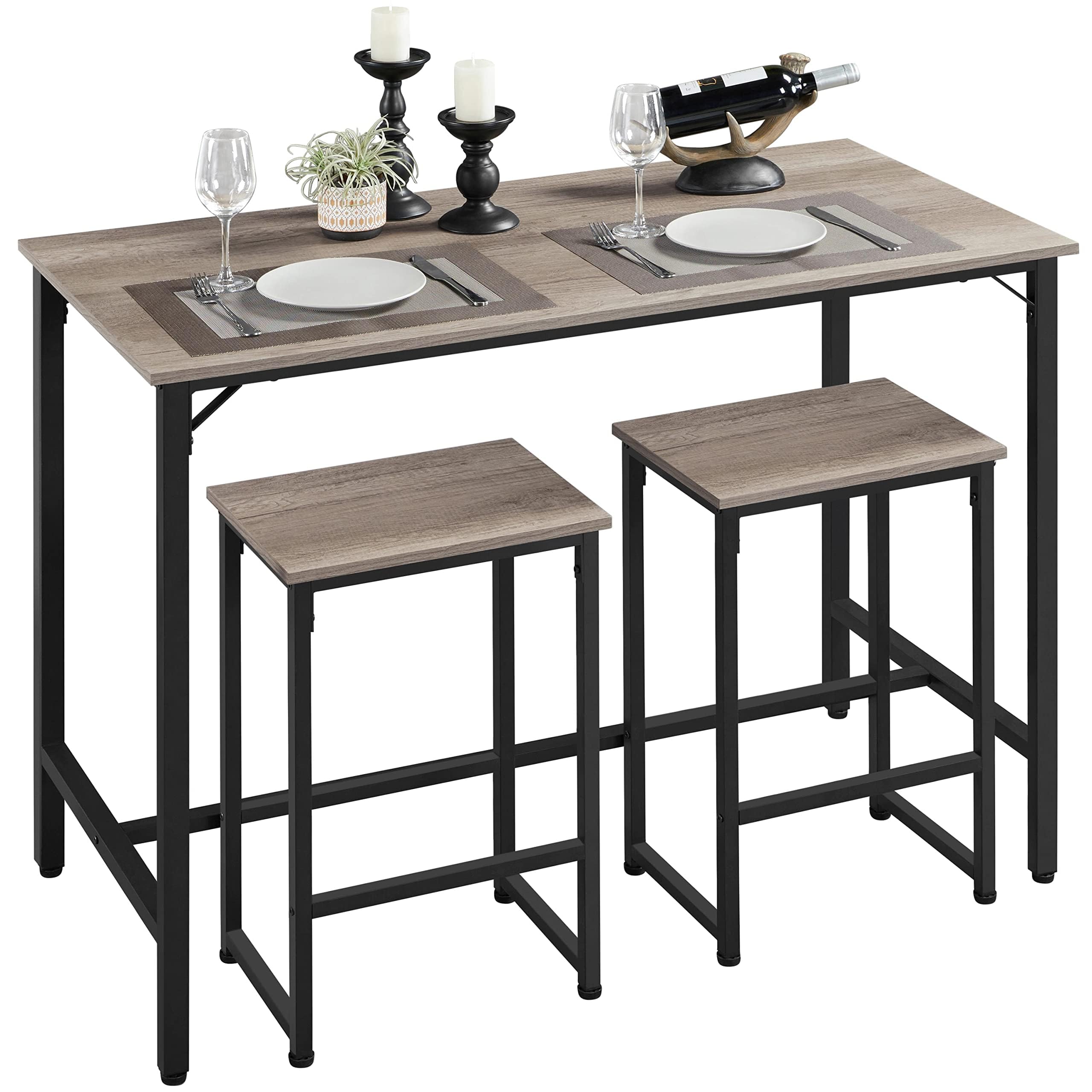 Yaheetech 3 Piece Dining Table Set, 47.5' Industrial Bar Table Set, Counter Height Kitchen Table With Bar Stools Set Of 2, Kitchen Bar Height Table And Chairs For Dining Room, Small Space, Apartment