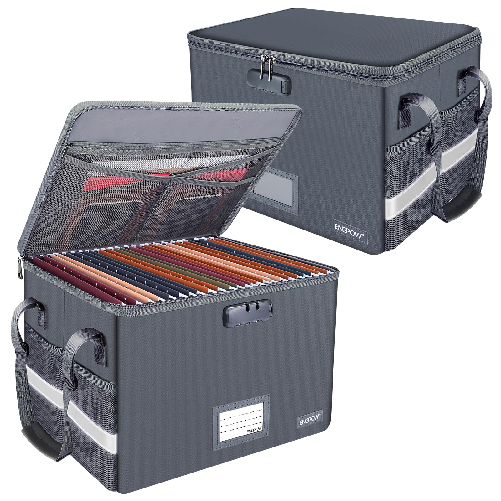 Engpow File Box With Lock,Fireproof Document Box With Pockets,Collapsible File Storage Organizer Box Filing Box With Handle,Port