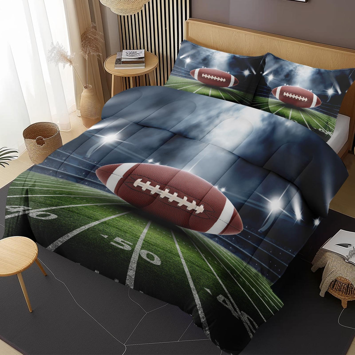 Nesphy Football Full Comforter Set, Rugby Field Football Bedding Set 3 Piece, All Season Soft Toddlers Children Adults Bedroom B
