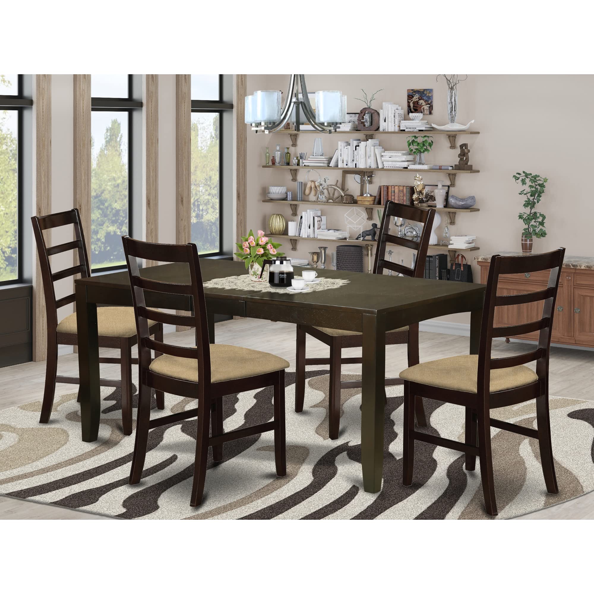 East West Furniture LYPF5-CAP-C Lynfield 5 Piece Kitchen Set for 4 Includes a Rectangle Dining Room Table with Butterfly Leaf and 4 Linen Fabric Upholstered Chairs, 36x66 Inch