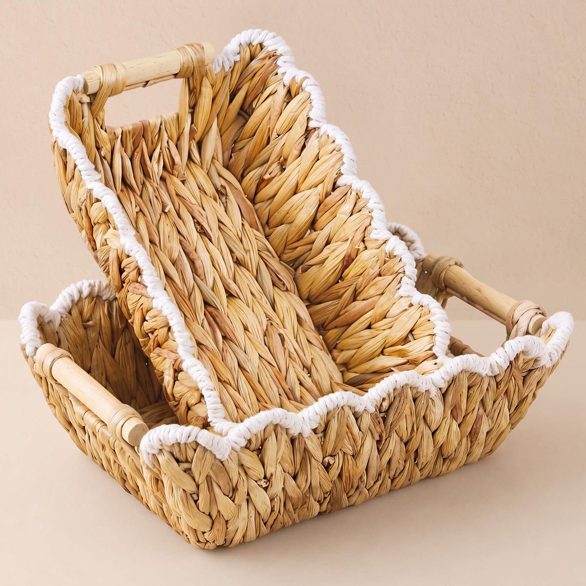 Newtay 2 Pcs Scalloped Wicker Basket Set with Wood Handle, White