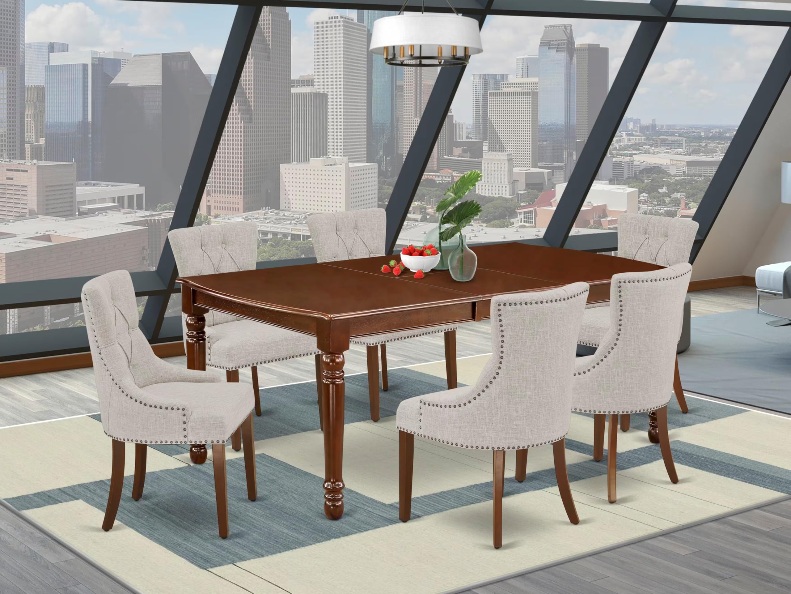 East West Furniture Dofr7-Mah-05 7 Piece Dining Table Set Consist Of A Rectangle Butterfly Leaf Kitchen Table And 6 Doeskin Linen Fabric Upholstered Chairs, 42X78 Inch, Mahogany
