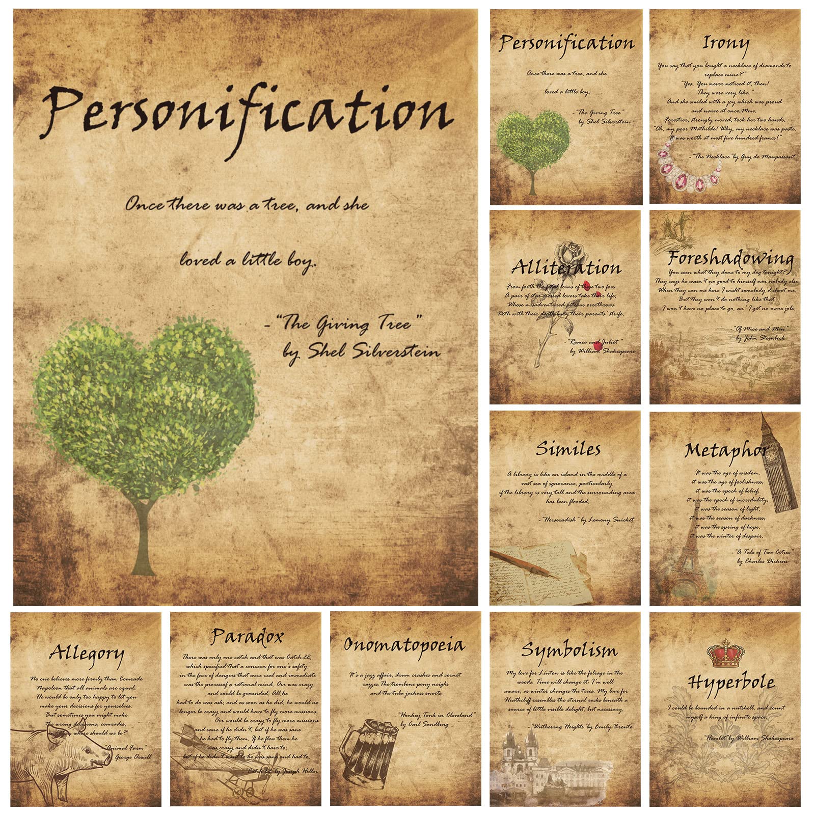 Gisgfim 11 Pieces Vintage Elements Of English Language And Literature Posters For Middle School And High School Classroom Decora