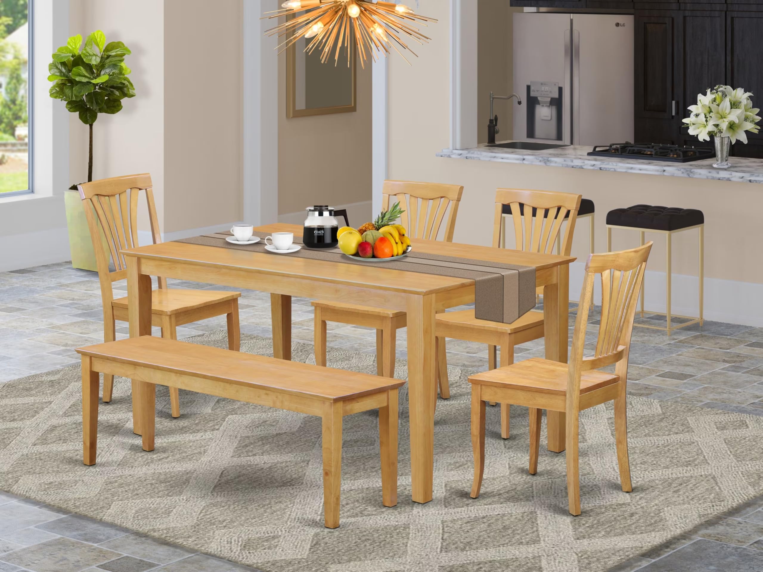 East West Furniture CAAV6-OAK-W 6 Piece Dining Table Set Contains a Rectangle Kitchen Table and 4 Dining Chairs with a Bench, 36x60 Inch, Oak