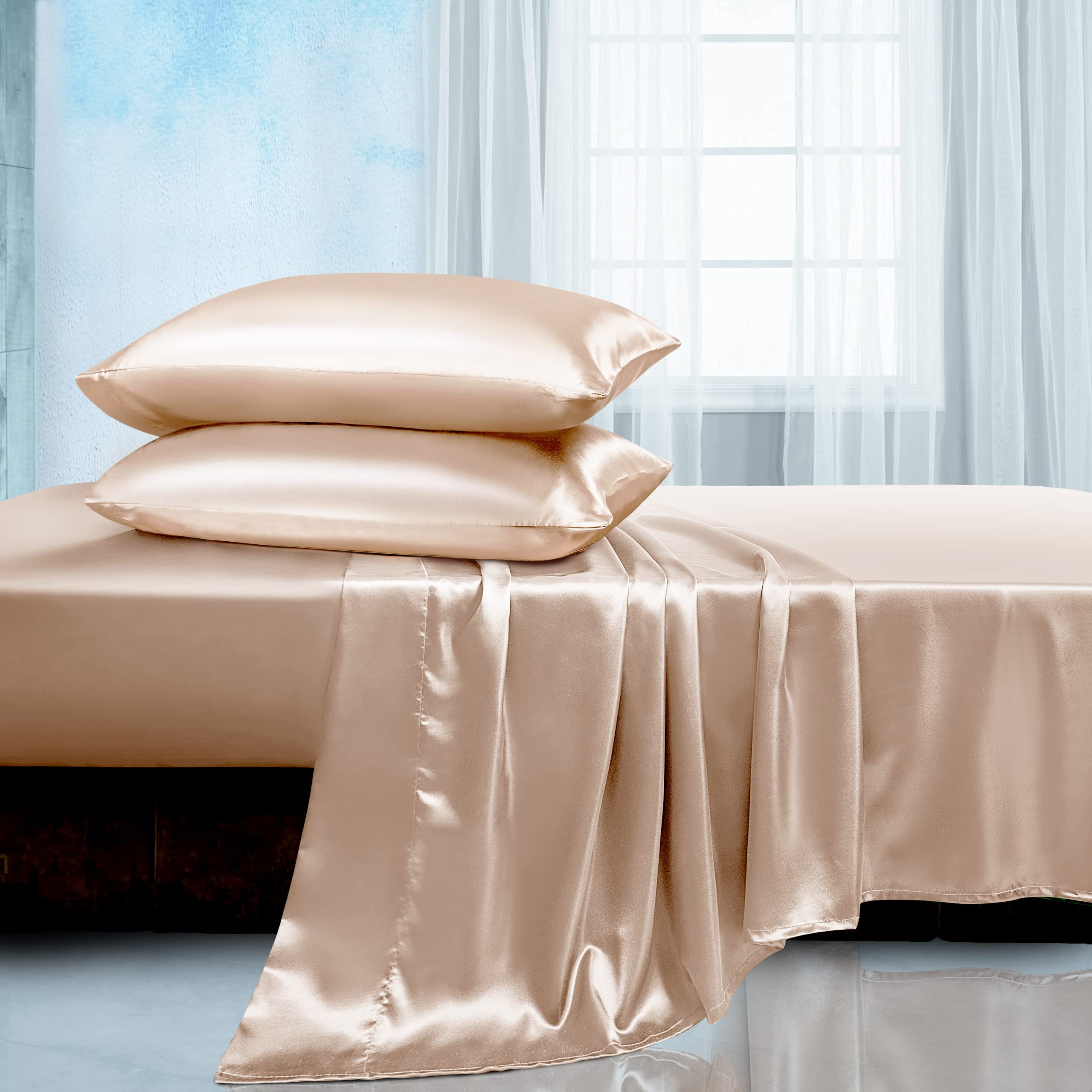 Manyshofu Satin Full Sheets Set 4 Piece - Soft Silky Satin Sheets Set, Beige Satin Bed Sheets Cooling & Luxury Bedding Sheet Set