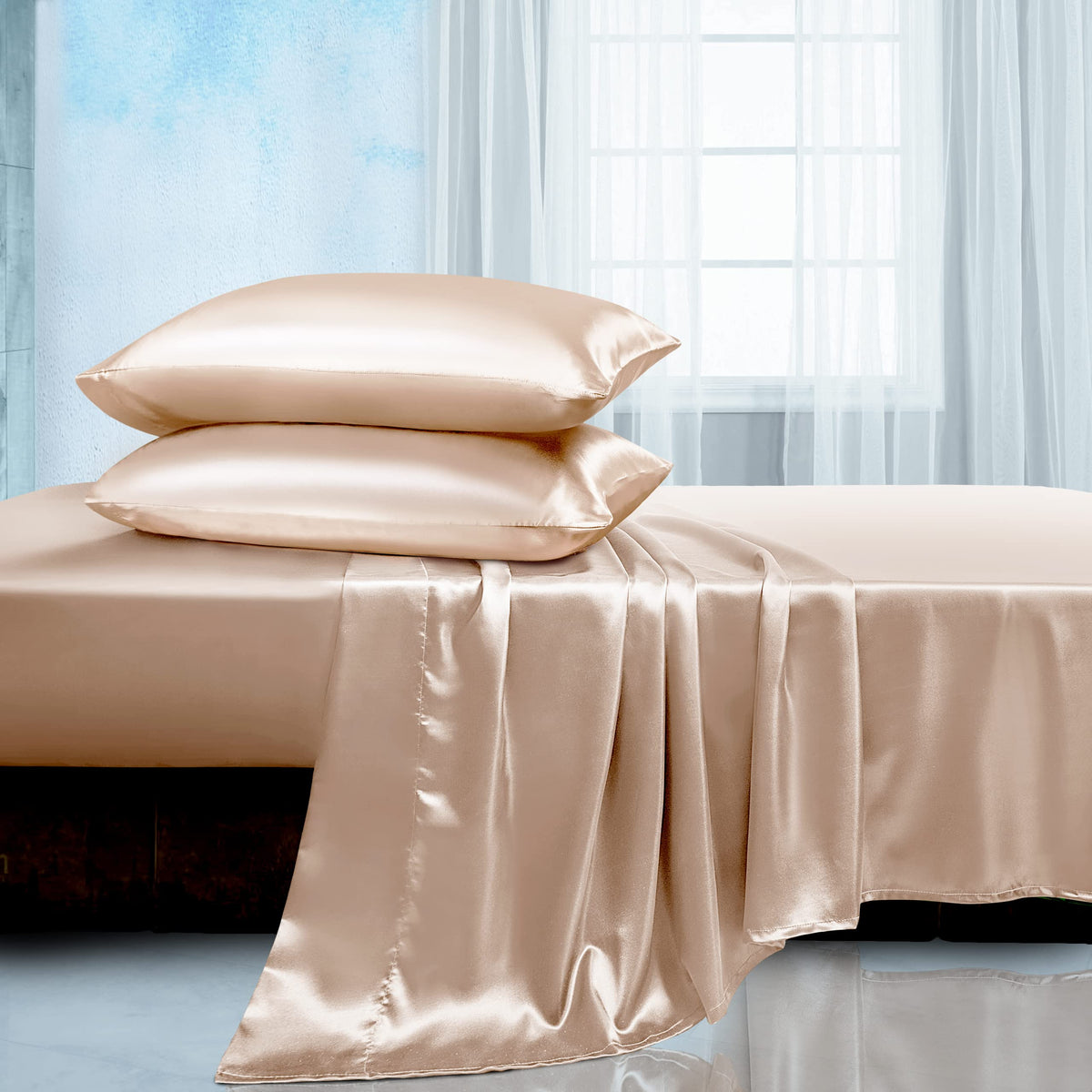Manyshofu Satin Queen Sheets Set 4 Piece - Soft Silky Satin Sheets Set, Beige Satin Bed Sheets Cooling & Luxury Bedding Sheet Se