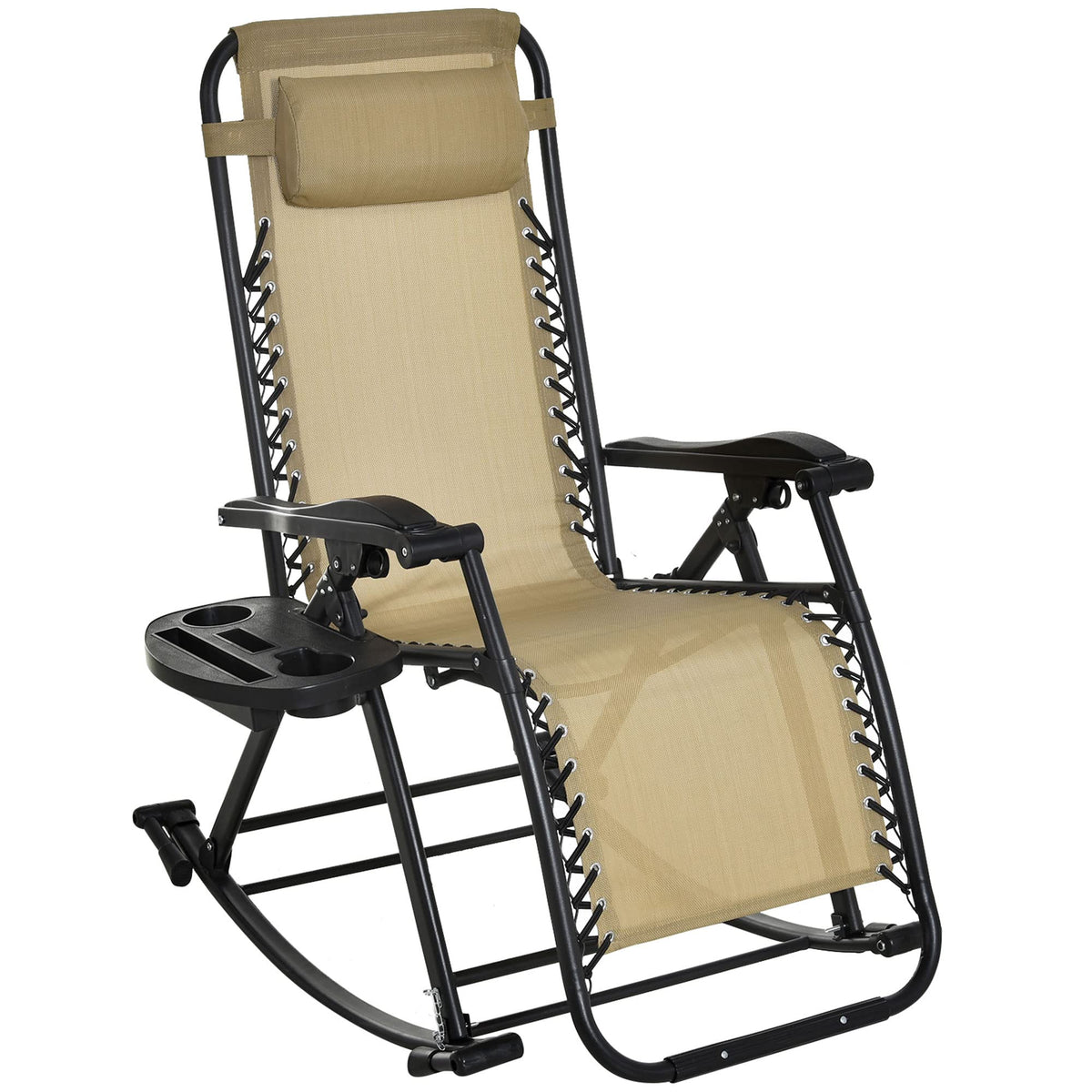 Outsunny Outdoor Rocking Chairs, Foldable Reclining Zero Gravity Lounge Rocker With Pillow, Cup & Phone Holder, Combo Design With Folding Legs, Beige