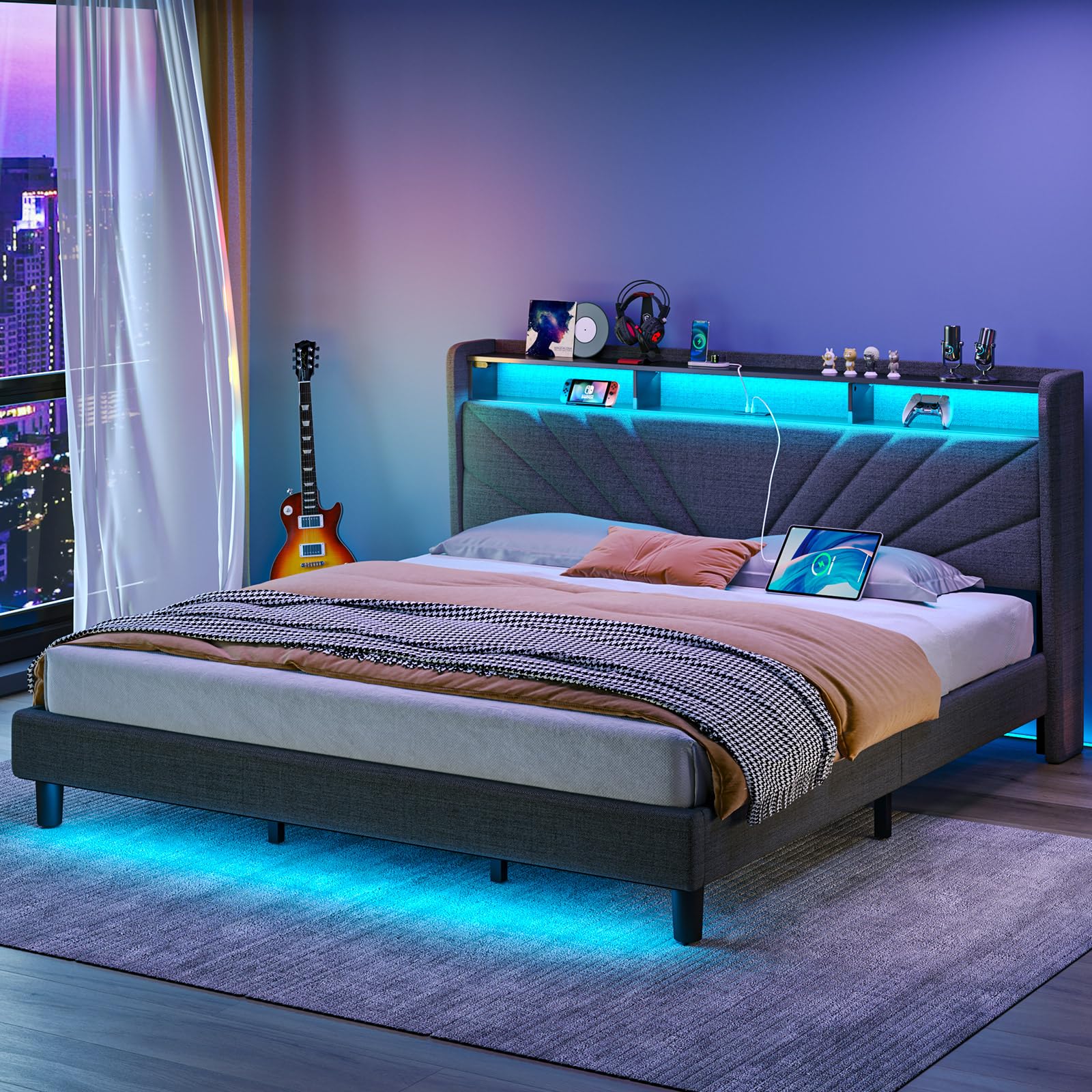 Rolanstar King Size Bed Frame, Storage Headboard With Charging Station And Led Lights, Upholstered Bed With Heavy Duty Wood Slats, No Box Spring Needed, Noise Free, Easy Assembly, Dark Grey