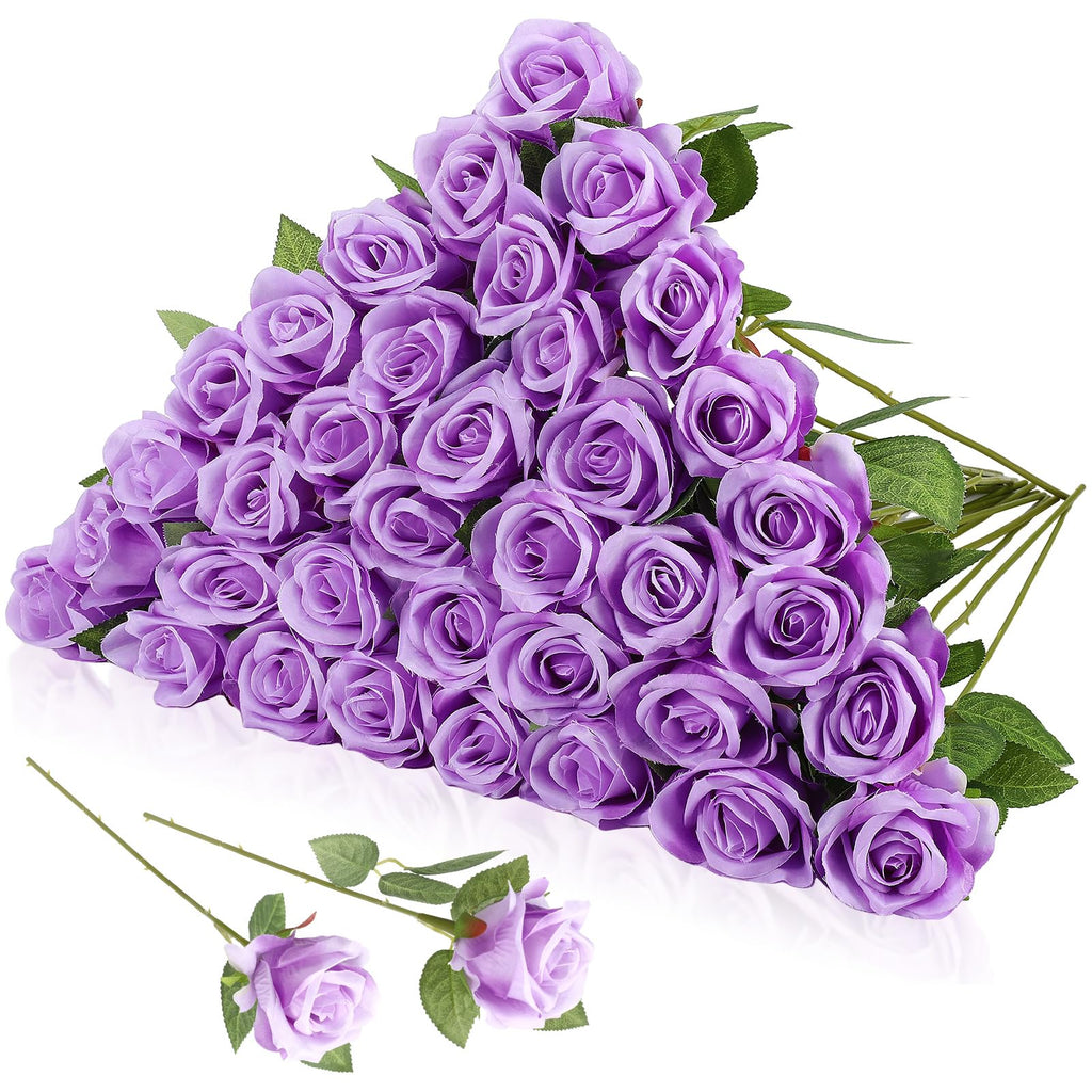 Hoemwarm 36 Pcs Silk Purple Rose Bouquet Bridal Artificial Flowers,Fake Rose Long Stem Realistic Artificial Flowers Bulk for Wed