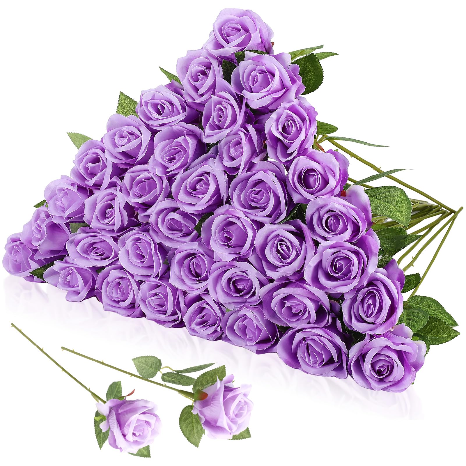 Hoemwarm 36 Pcs Silk Purple Rose Bouquet Bridal Artificial Flowers,Fake Rose Long Stem Realistic Artificial Flowers Bulk for Wed