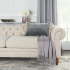 HomeRoots Grey Cotton Wide Tasseled Marble Steel Blue Lumbar Pillow