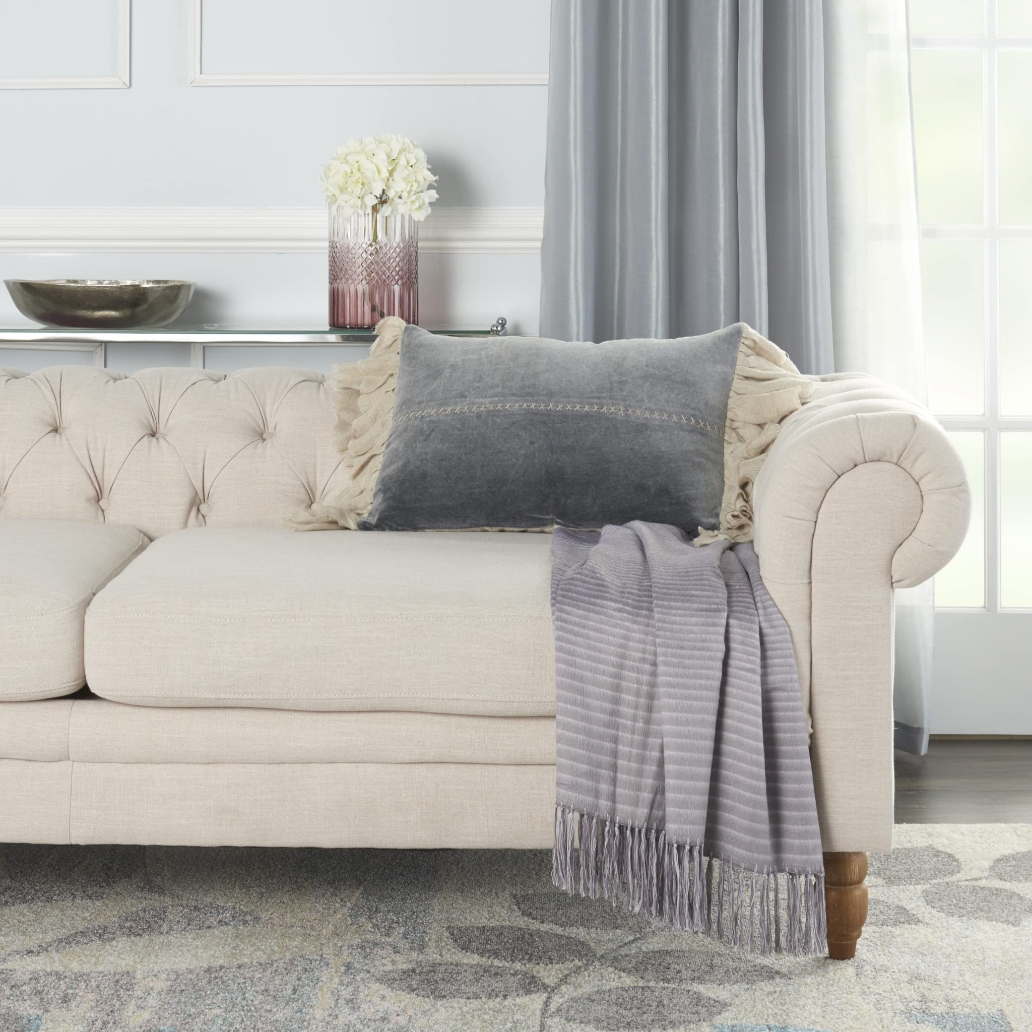 HomeRoots Grey Cotton Wide Tasseled Marble Steel Blue Lumbar Pillow