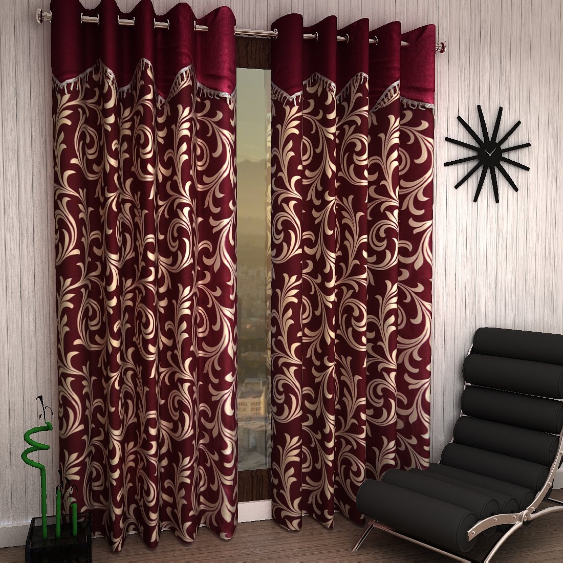 Home Sizzler 2 Piece Eyelet Polyester Scroll Frill Window Curtain Set  5ft, Maroon