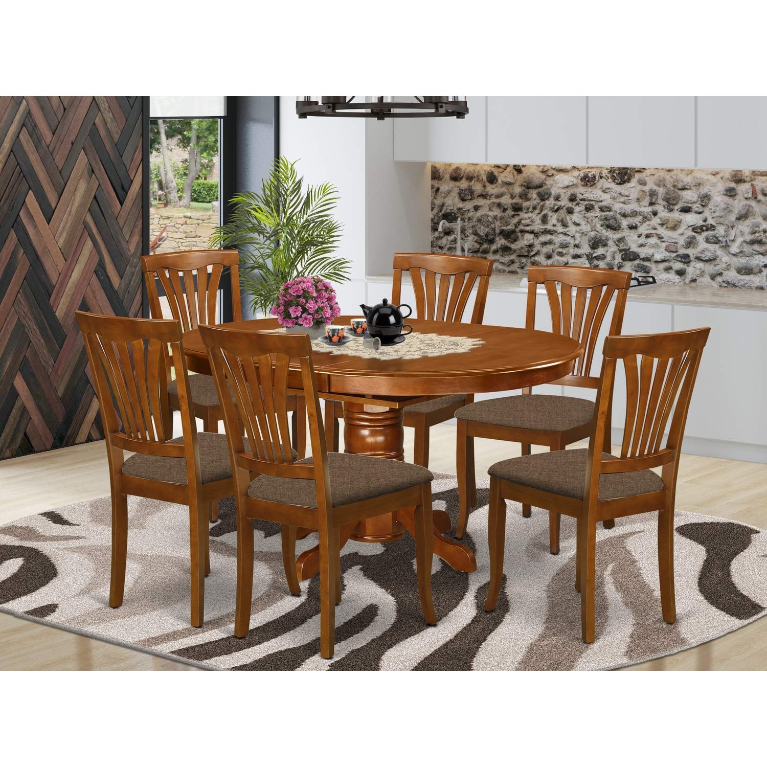 East West Furniture Avon7-Sbr-C 7 Pc Avon Dinette Table Featuring Leaf And 6 Cushion Kitchen Chairs.