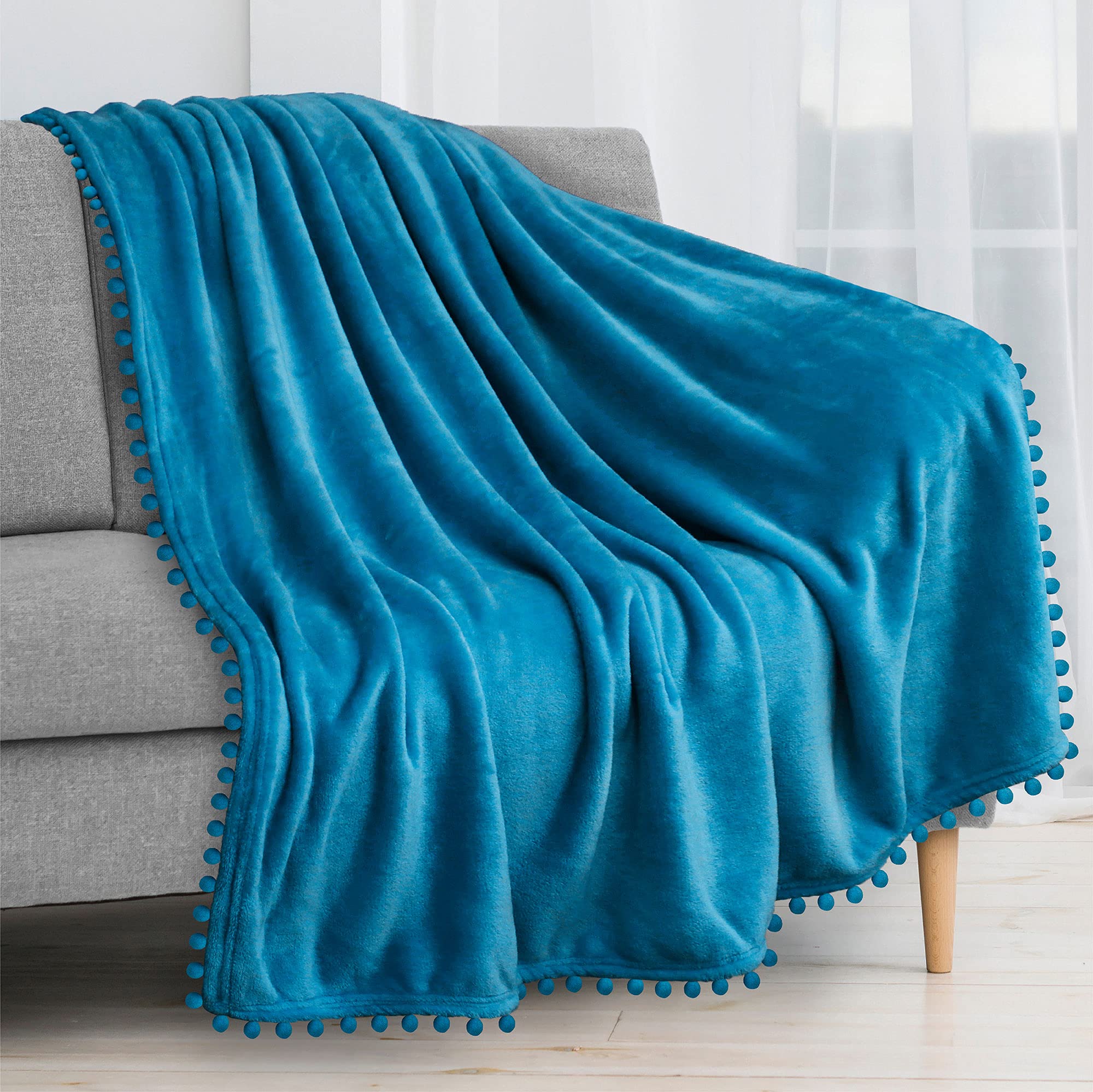 Pavilia Pom Pom Blanket Throw, Turquoise Teal Blue | Soft Fleece Pompom Fringe Blanket For Couch Bed Sofa | Decorative Cozy Plus