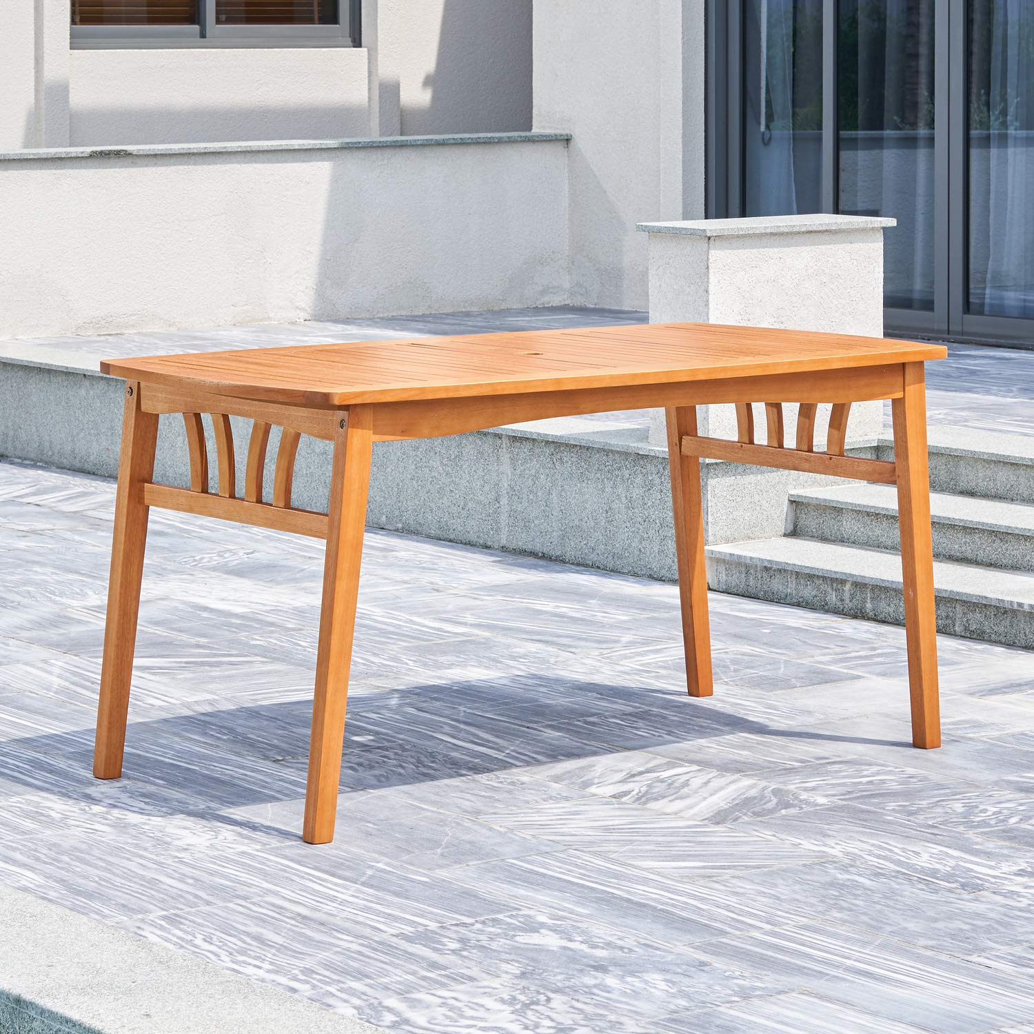VIFAH Kapalua Honey Eucalyptus Wooden Outdoor Dining Table with Umbrella Hole