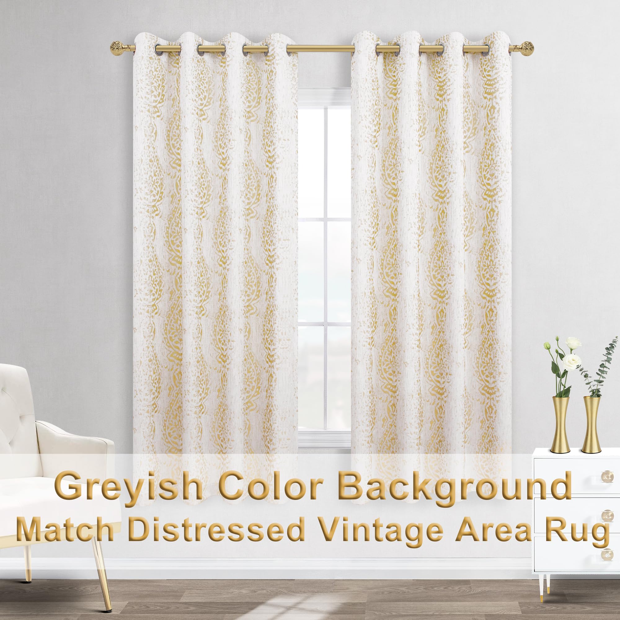 Mrs.Naturall Light Gold Curtains 63 Inch Length For Living Room 2 Panels Grommet Semi Sheer Pattern Luxurious Art Deco Lattice Curtains For Bathroom Bedroom