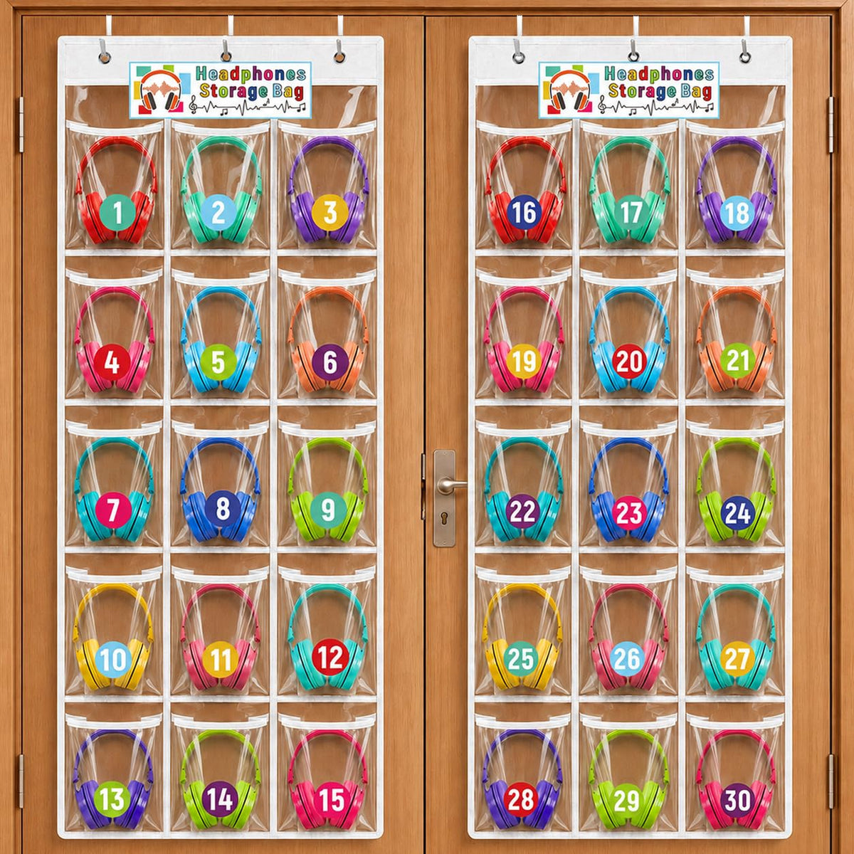 KJX 2 Pack Classroom Headphone Storage Organizer with 30 Clear PVC Pockets