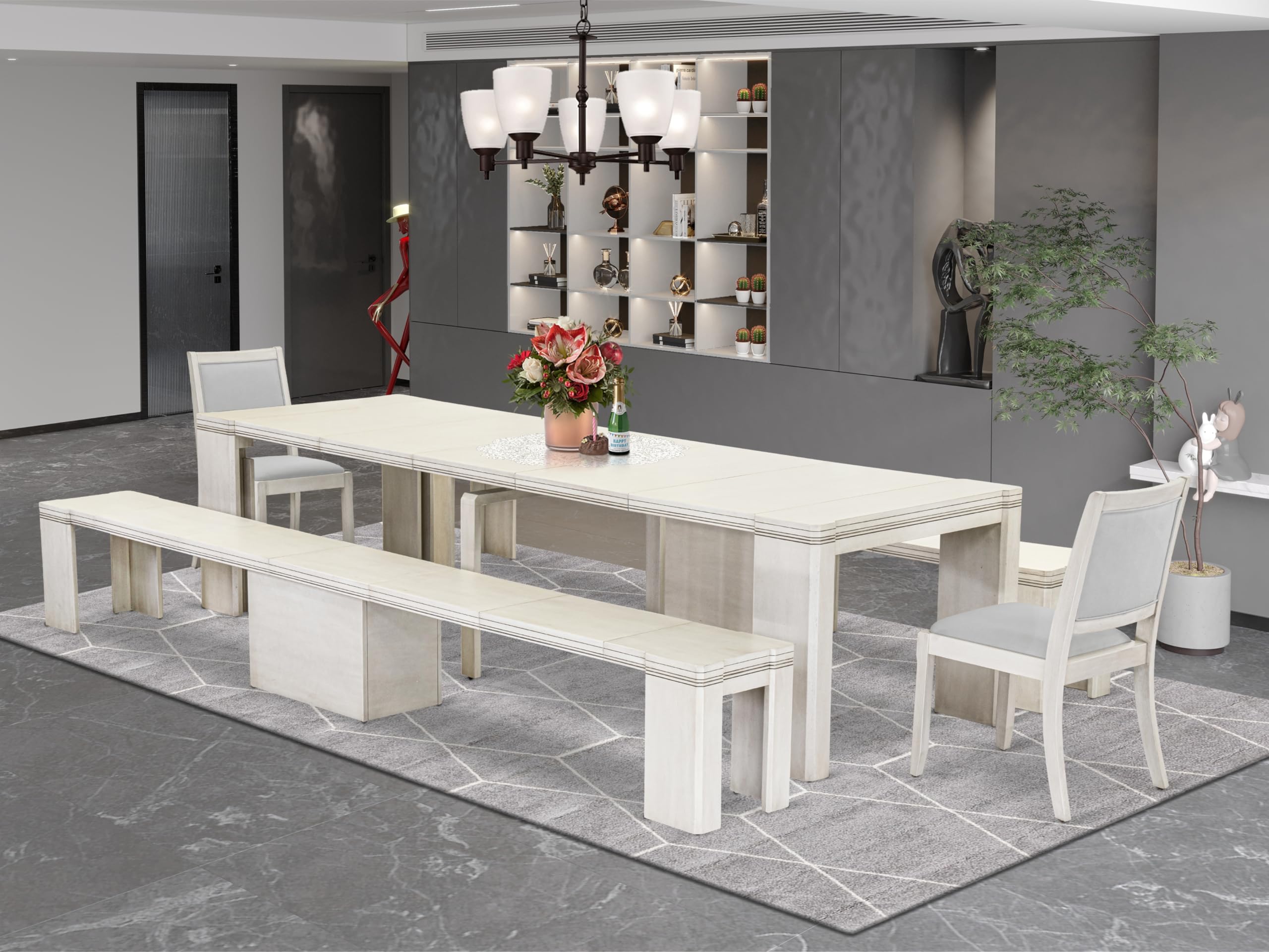 Luxe by East West Furniture - X02X2-20W-27 - 5 Pieces Dining Room Table Set includes an Extendable Rectangle Kitchen Table, 2 Stackable Chairs and 2 Modern Benches, 39x120 Inch, Antique White