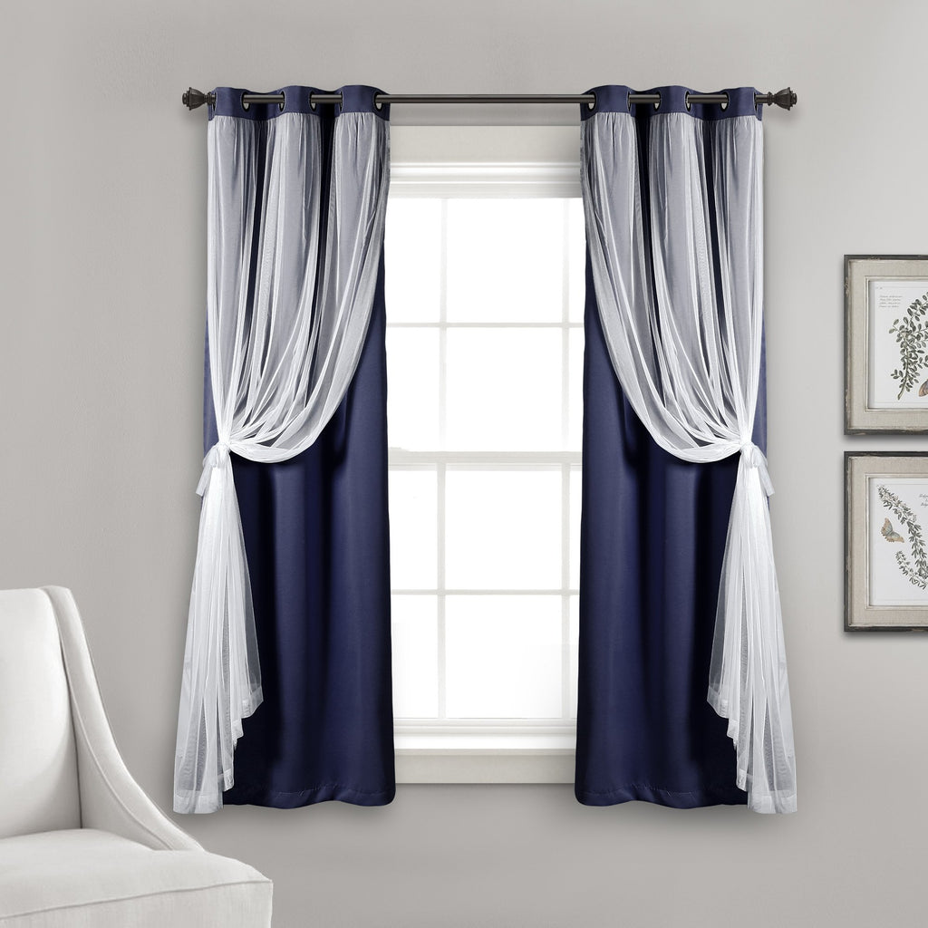 Lush Decor Sheer Grommet Curtains With Insulated Blackout Lining, Window Curtain Panels, Pair, 38''W X 63''L, Navy - Curtain Wit