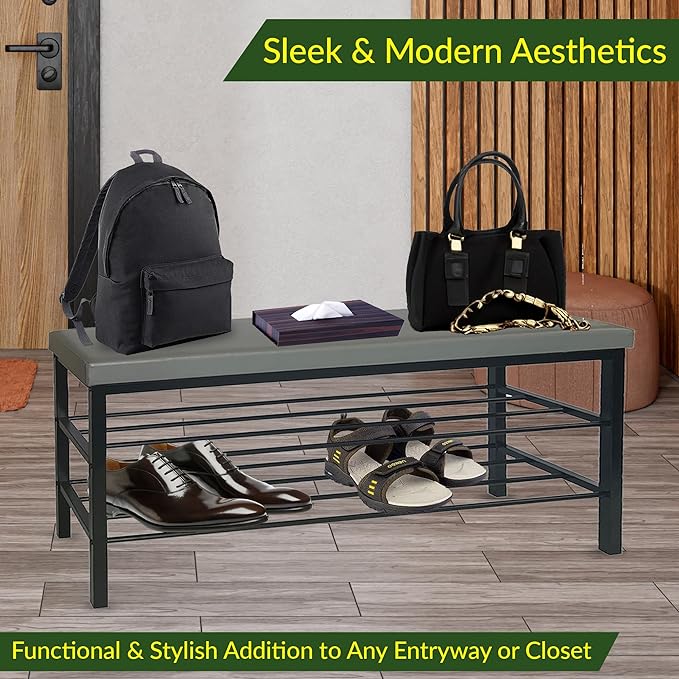 Entryway Shoe Storage Bench with Cushioned Seat, 3-Tier Shelf, Black Steel