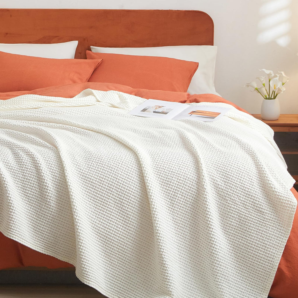 Phf 100% Cotton Waffle Weave Blanket Queen Size 90'X90' - Lightweight Cozy Washed Soft Breathable Throw - Great Layer For Couch Bed Sofa - Elegant Aesthetic Home Decoration Gift - Cream