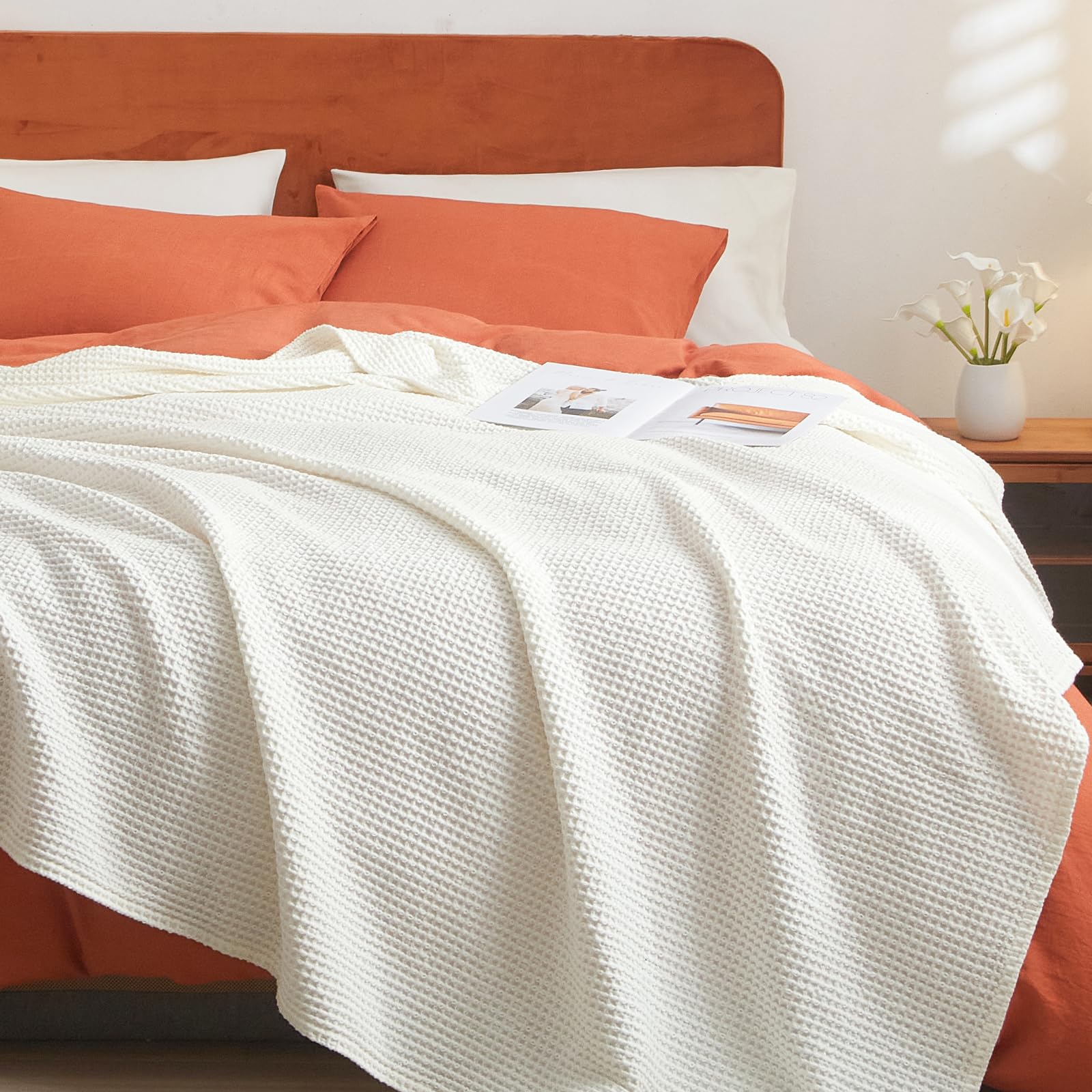 Phf 100% Cotton Waffle Weave Blanket Queen Size 90'X90' - Lightweight Cozy Washed Soft Breathable Throw - Great Layer For Couch Bed Sofa - Elegant Aesthetic Home Decoration Gift - Cream