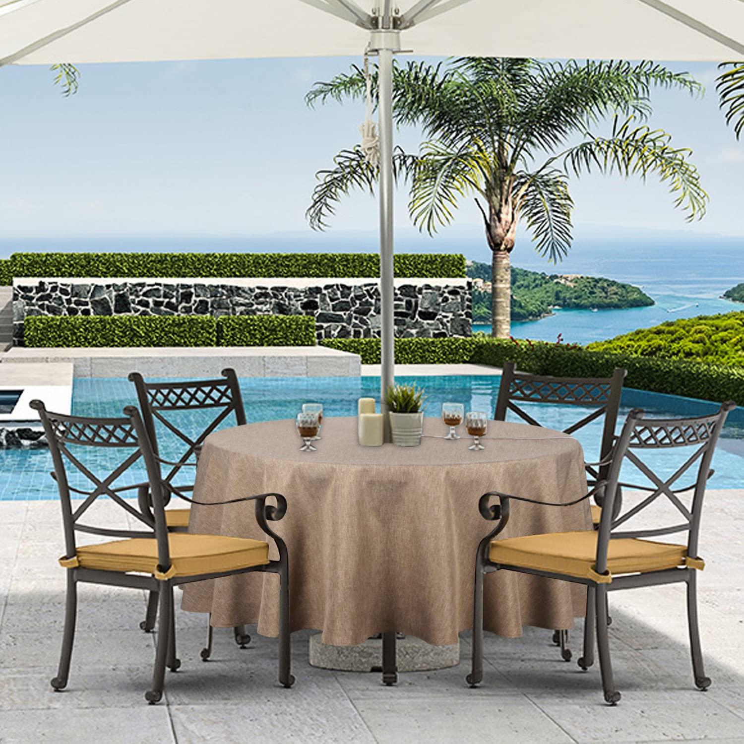 Youngseahome Outdoor Tablecloth Wrinkle-Free Stain Resistant Waterproof Polyester Fabric Table Cover With Zipper Umbrella Hole For Picnic/Party/Dinner/Patio Garden(70Inch Round,Zippered,Flax)